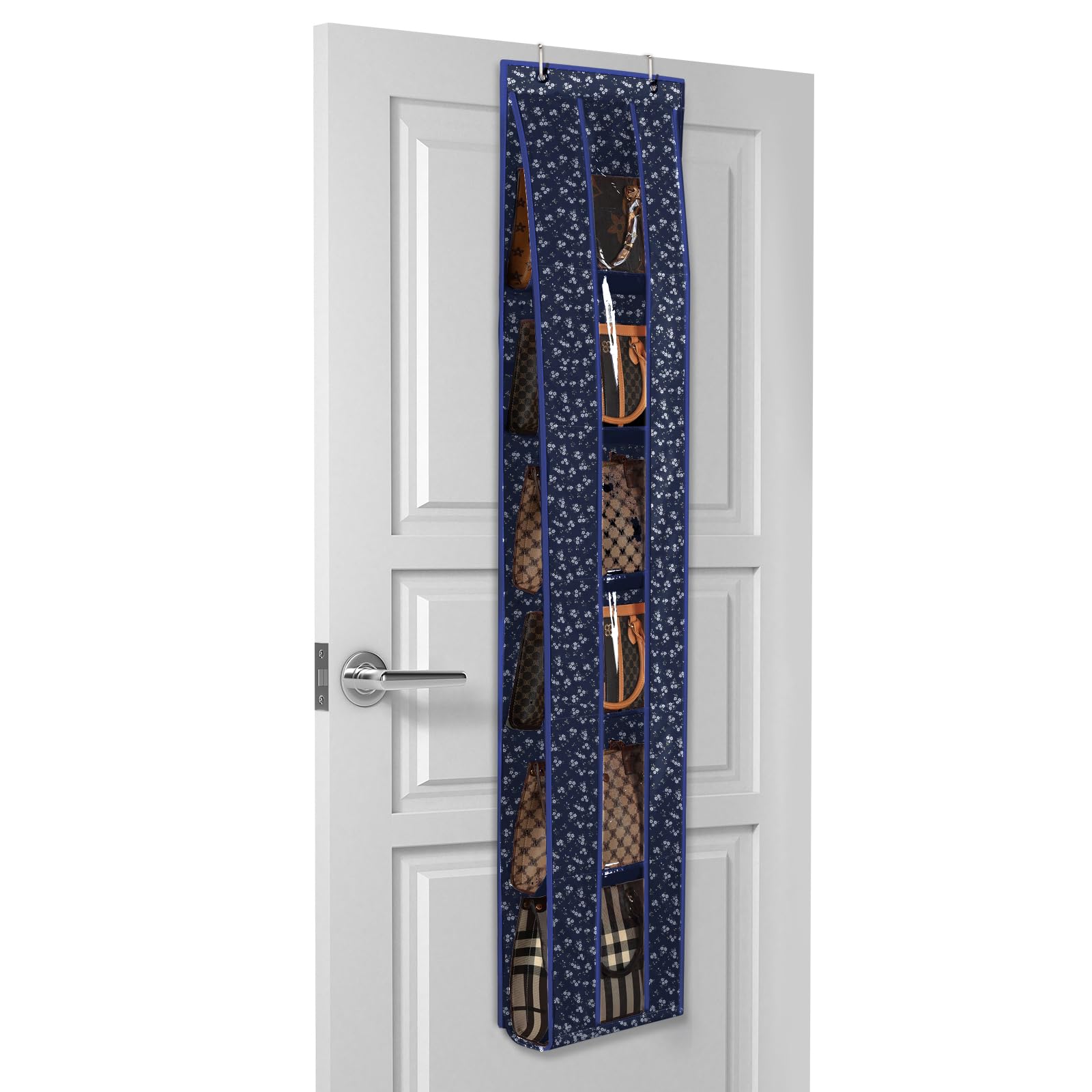 Lirex Over the Door Purse Hanger, Space-Saving Handbag Storage, Clothing Closet Organizer for Scarves, Hats, Leggings, Blue White Floral — image 1