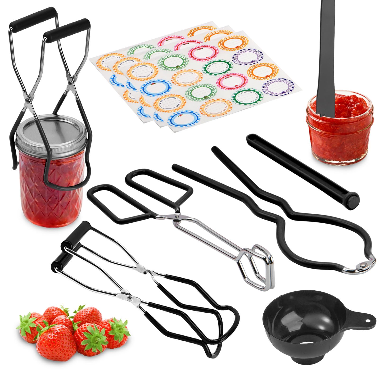 VOKFLYA Canning Kit Canning Supplies Starter Kits Stainless Steel Canning Essential Tools, Canning Jar Lifter Tongs, Funnels, Lid Lifter for Water Bath Canner Pot Black