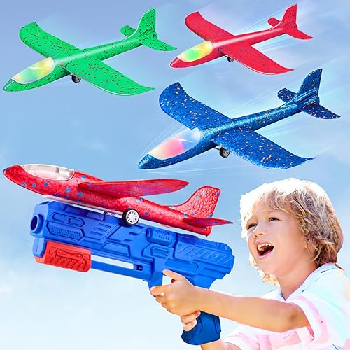 Avión de juguete, paquete de 3 juguetes de lanzador de aviones, 2 modos de vuelo, avión planeador, juguetes al aire libre para niños de 3, 4, 5, 6,