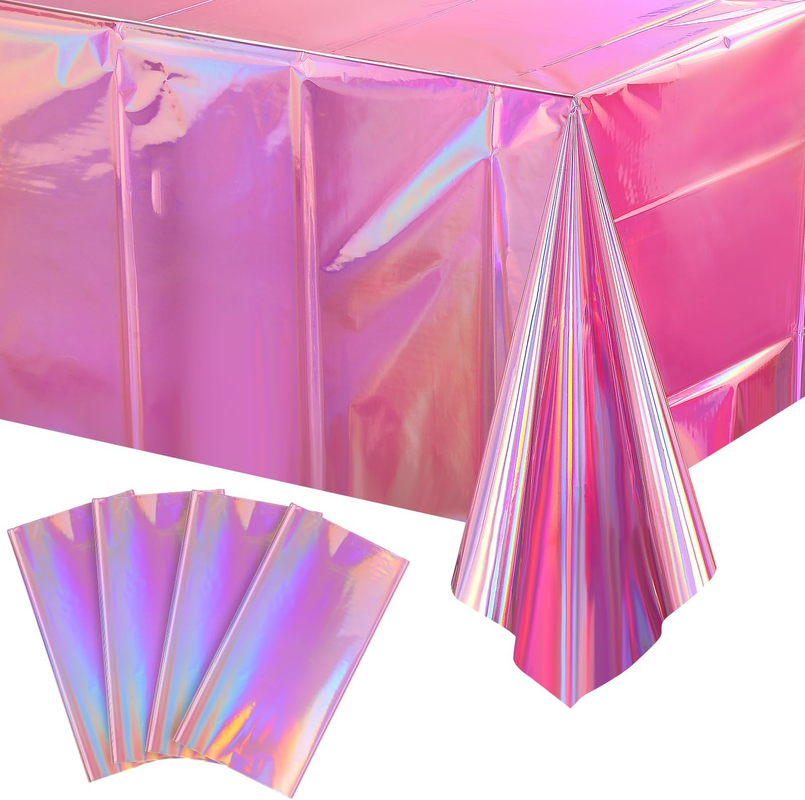 4 Pack Iridescent Pink Plastic Tablecloths, Shiny Disposable Laser Rectangle Table Covers, Holographic Foil Tablecloth Iridescent Party Decorations for Birthday Bridal Wedding Christmas, 54 x 108 Inch