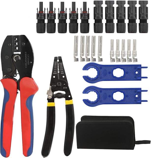 DasMorine Solar Crimping Tools for 2.5/4.0/6.0mm² Solar Panel PV Cable,Wire Stripper and Cutter,10pcs Male Female Connector, 1 Pair Solar Connector Assembly Tool Spanner