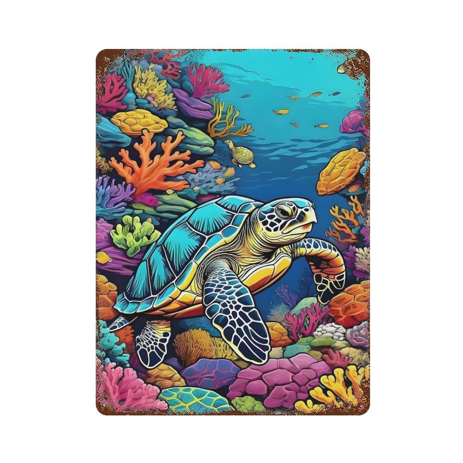 Garage Style Colorful Sea Turtle in Coral Reef Rustic Tin Plaque 15.7"x11.8", Classic Wall Plaque for Bar And Workshop