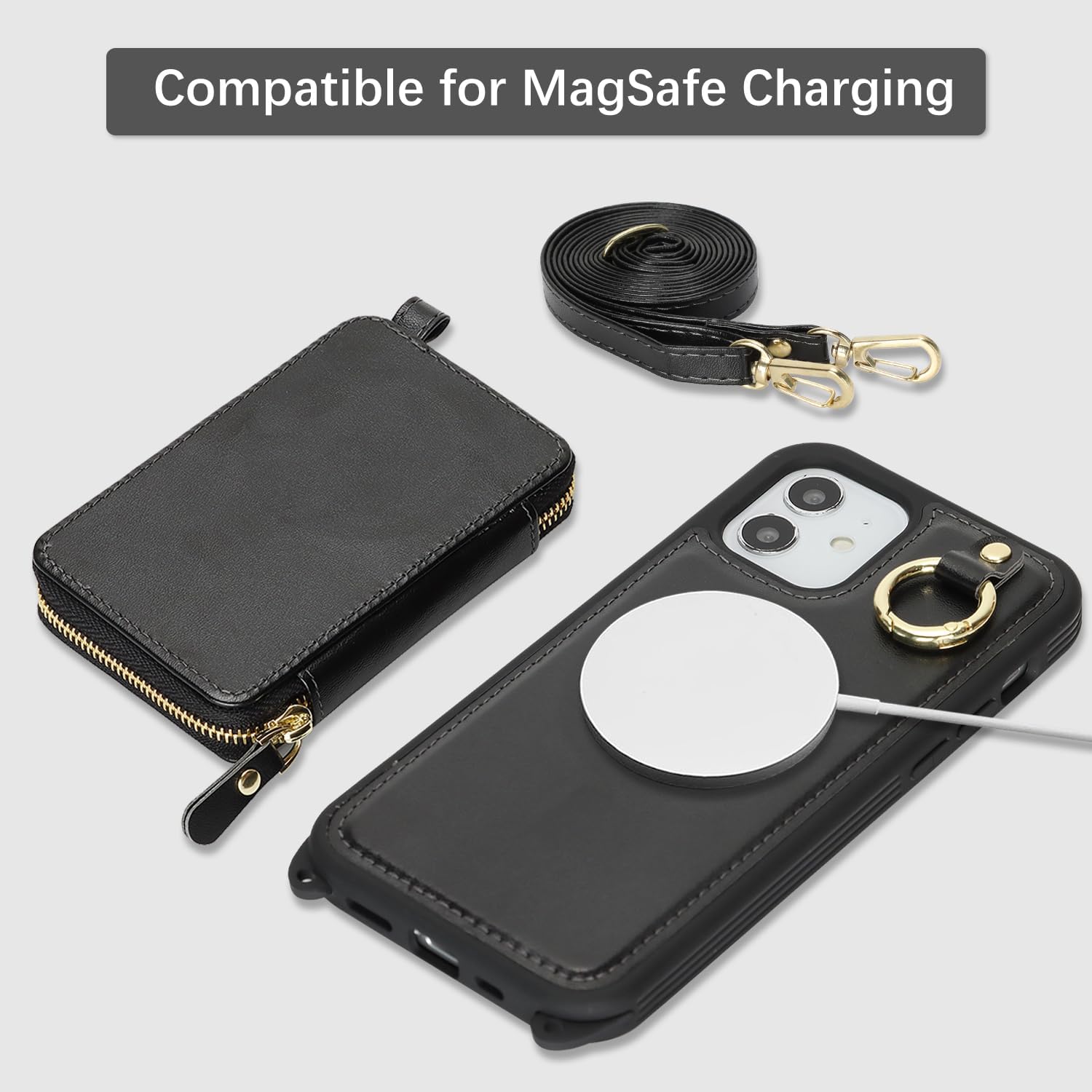 Cavor for iPhone 12 Wallet Case with Card Holder for Women Men, for iPhone 12 Pro Case with Strap, Crossbody Lanyard Phone Case, Magnetic Detachable Compatible with Magsafe-Black