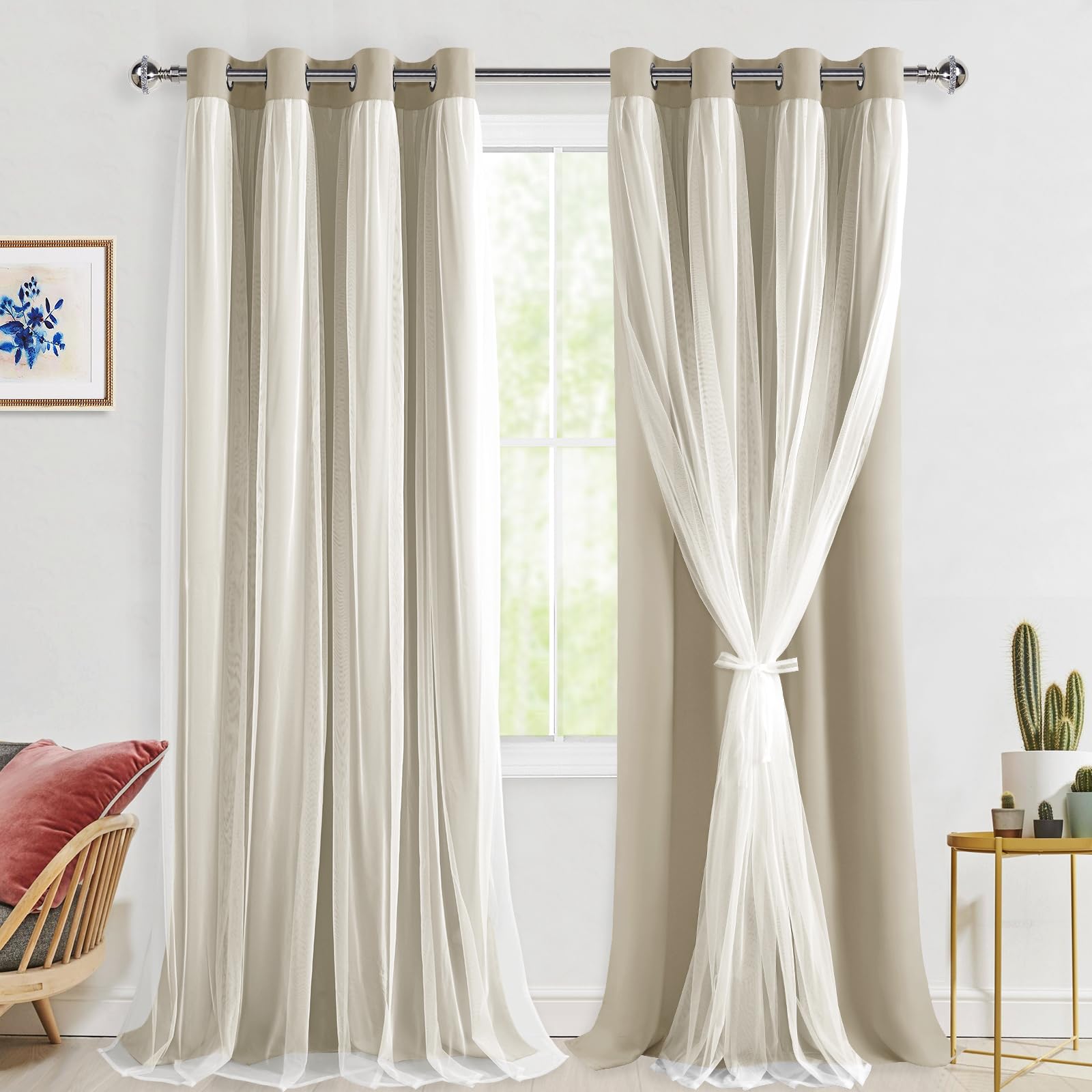 Hiasan Double Layer Blackout Curtains with Sheer Overlay, Mix & Match Thermal Insulated Grommet Room Darkening Curtains for Bedroom, Living Room, 2 Window Panels with Tiebacks, Taupe, 52W X 108L