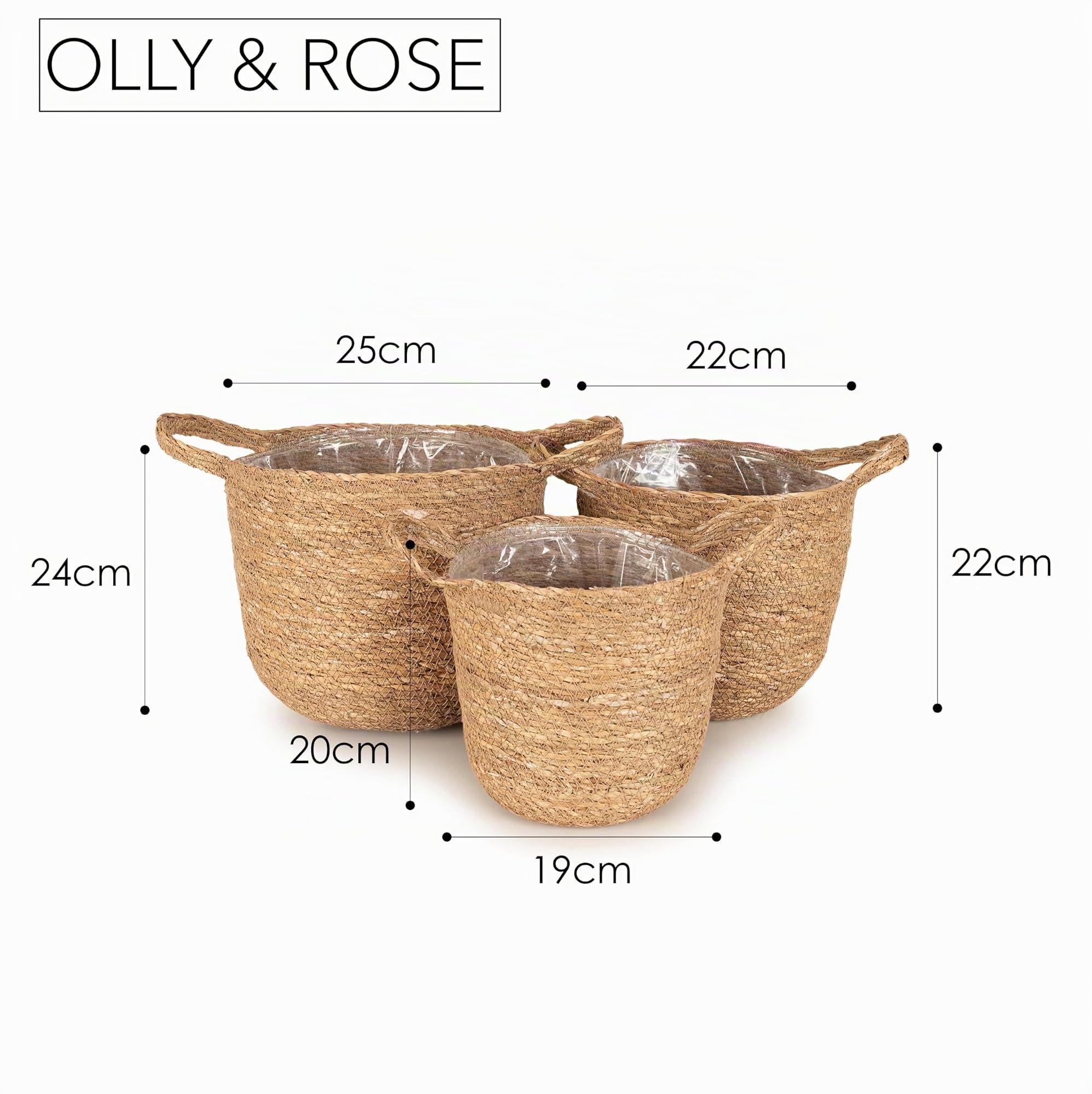 Olly & Rose Lot de 3 paniers de fleurs d'intérieur de qualité supérieure – Paniers en jonc de mer naturel tissé avec doublure pour plantes de petite et moyenne taille