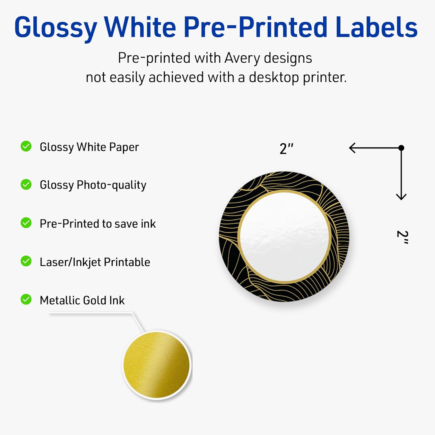 Avery Printable Round Labels with Sure Feed Technology, Pre-Printed Black Border with Gold Pattern, Glossy White, 2" Diameter, Laser & Inkjet Compatible, 120 Total