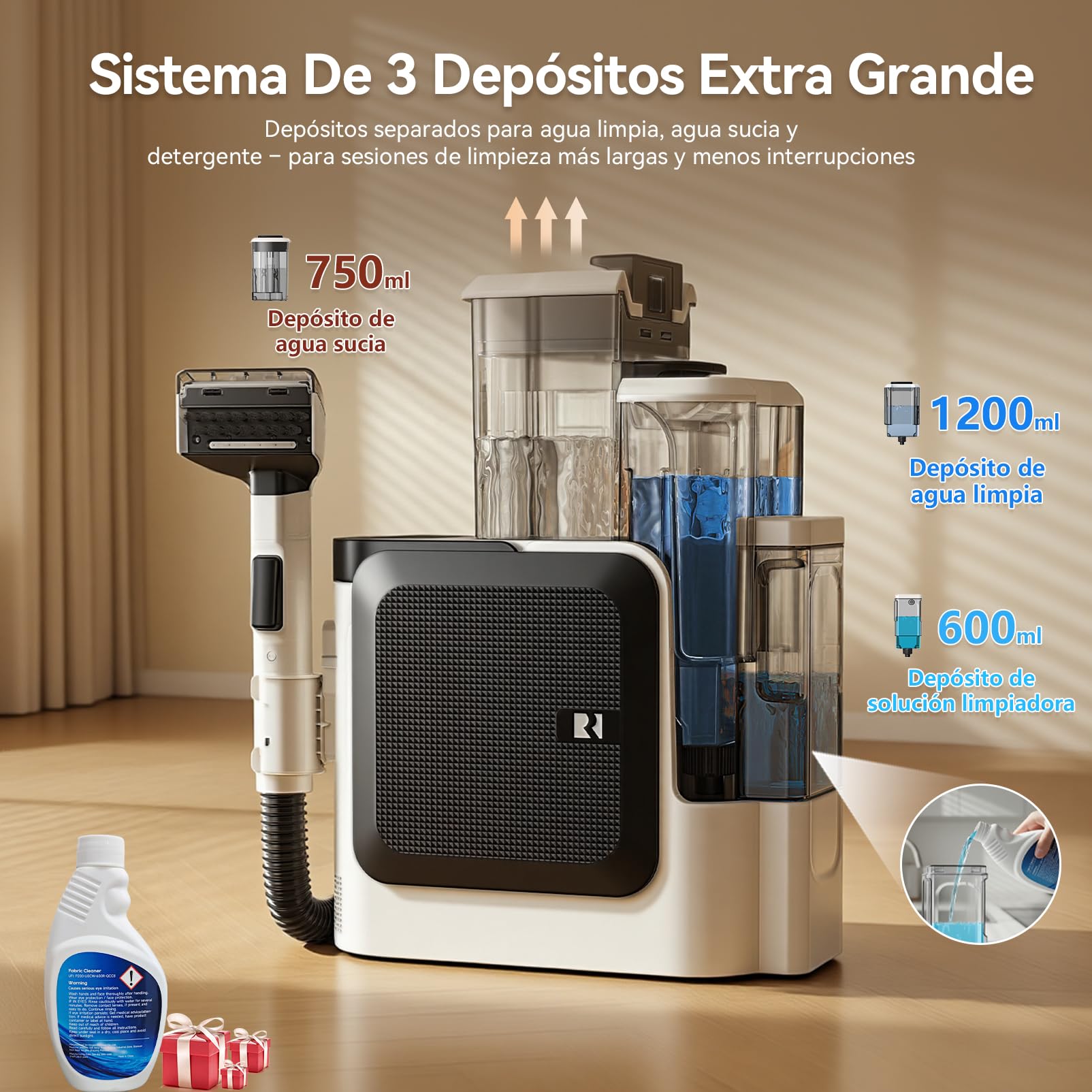 Redkey C2 Aspiradora de Agua Tapicería Lava y Aspira con Vapor, 1800W 26000Pa Aspirador de Alfombras, Limpiador de Tapicerías Vapor 4 en 1 para Ventanas, Coche, 7 Accesorios y Solución de Limpieza