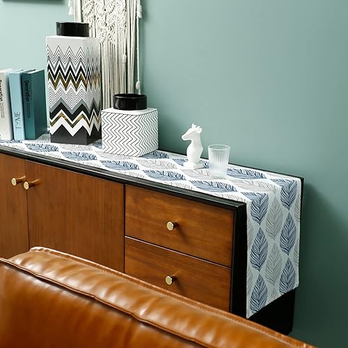 Miniatura 6 de Camino de mesa de lino de algodón, 48 pulgadas de largo, textura de hojas azul marino y gris, camino de mesa de comedor para cocina, tocador,