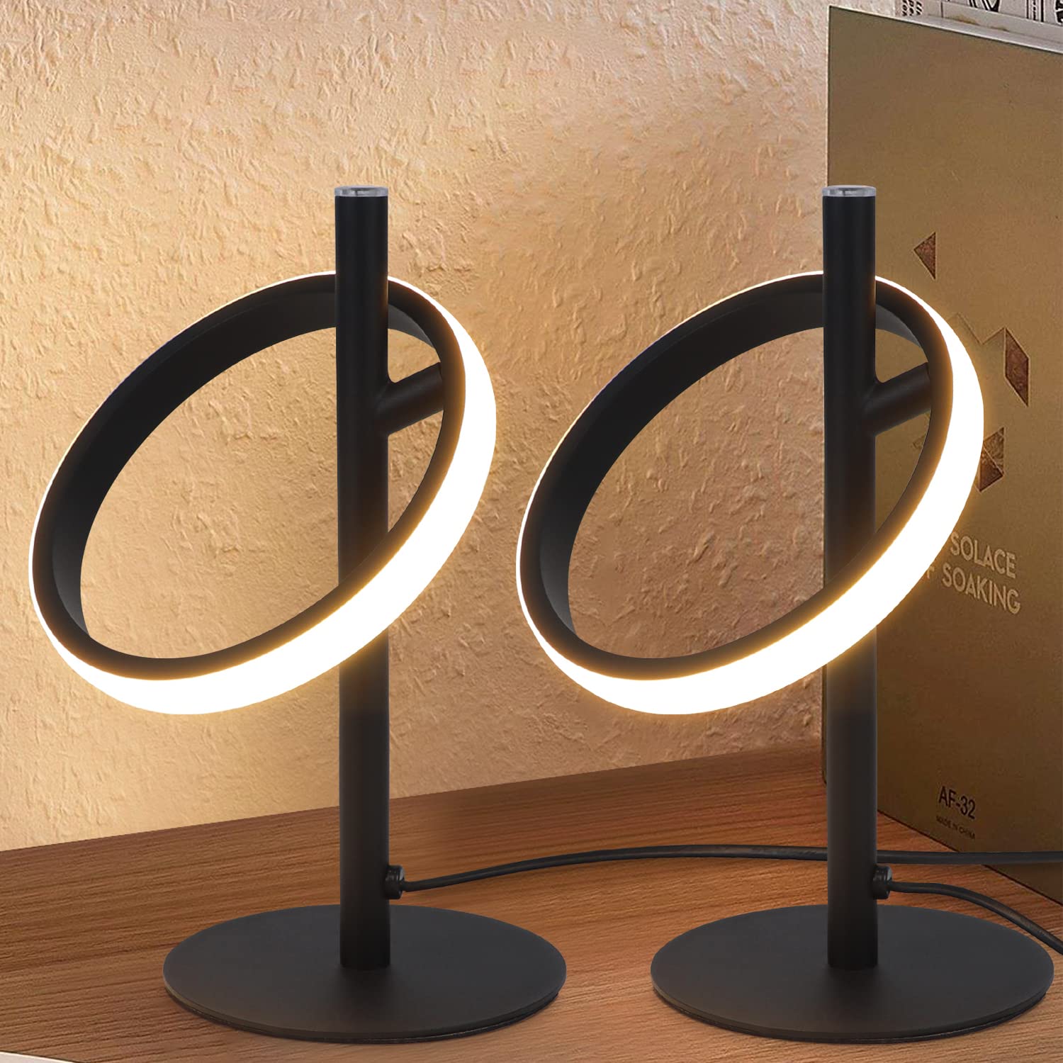CBJKTX 2Er Tischlampe LED Tischleuchte Touch Dimmbar - Nachttischlampe | Schwarz Nachttischleuchte Drehbaren Ringe 6W 3000K Warmweiß für Schlafzimmer Bett Wohnzimmer Kinderzimmer Bar Restaurant