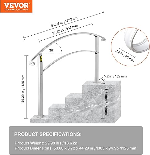 Miniatura 8 de VEVOR Pasamanos para escalones al aire libre, barandilla de escalera para exteriores de 1 o 4 escalones, pasamanos de hierro forjado blanco,