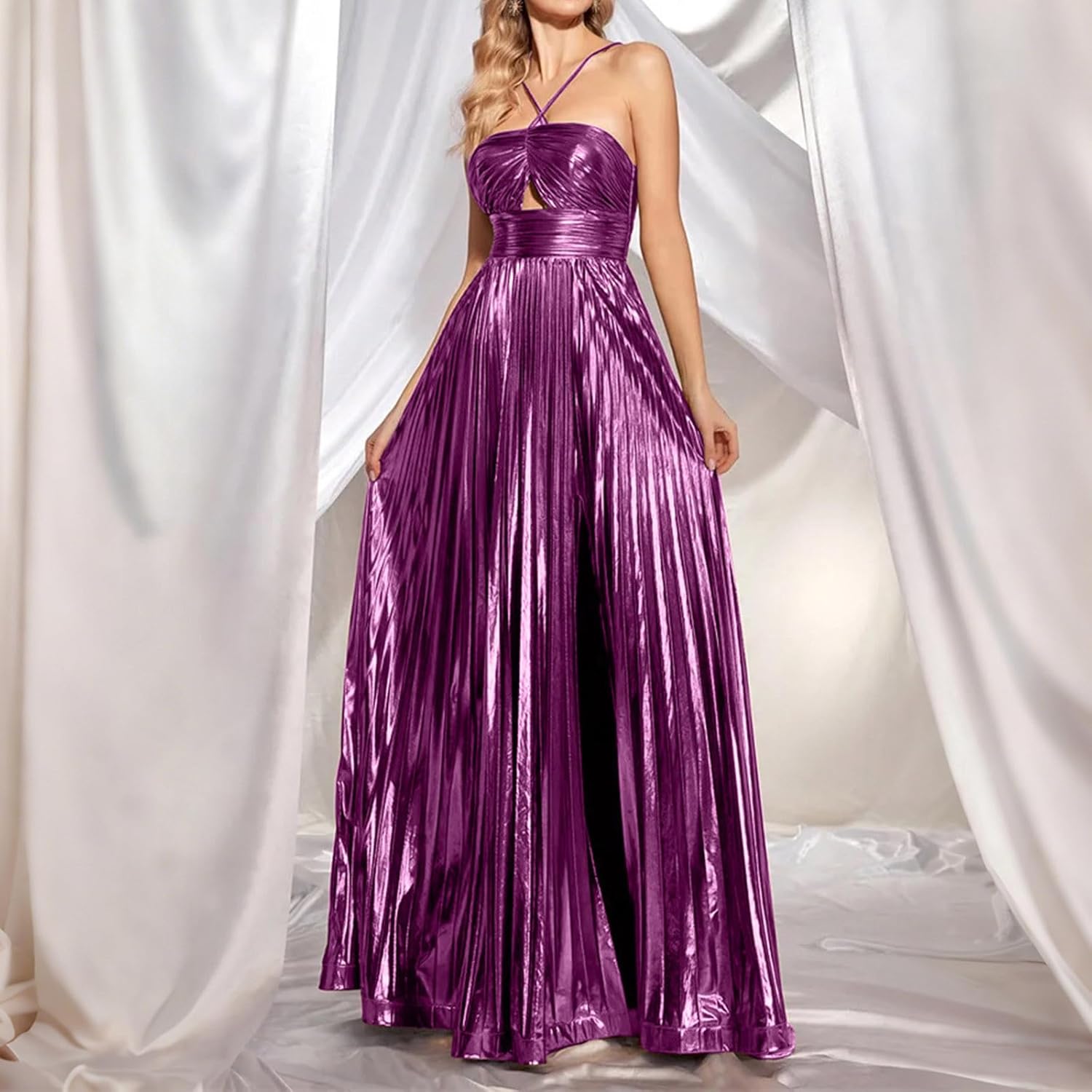 Women's Sleeveless Maxi Dress Sexy Backless Halter Criss Cross Side Split Party Cocktail Dresses Prom Solid Clothes
