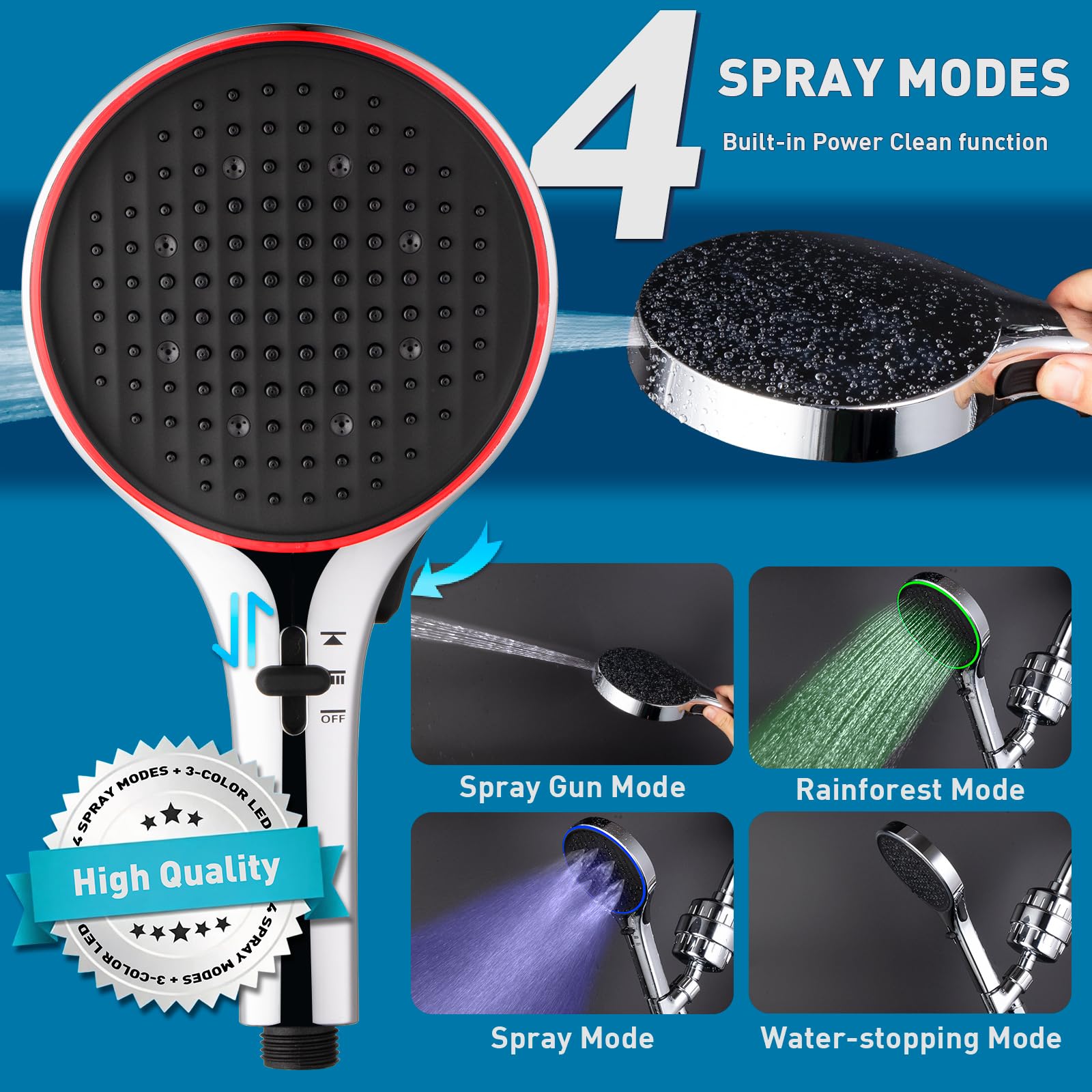 CWPW Soffione doccia con filtro a LED, ad alta pressione, 4 getti con filtro a 20 stadi di vitamina C/E/A, rimuove il cloro, riduce la pelle secca e pruriginosa, cambia colore