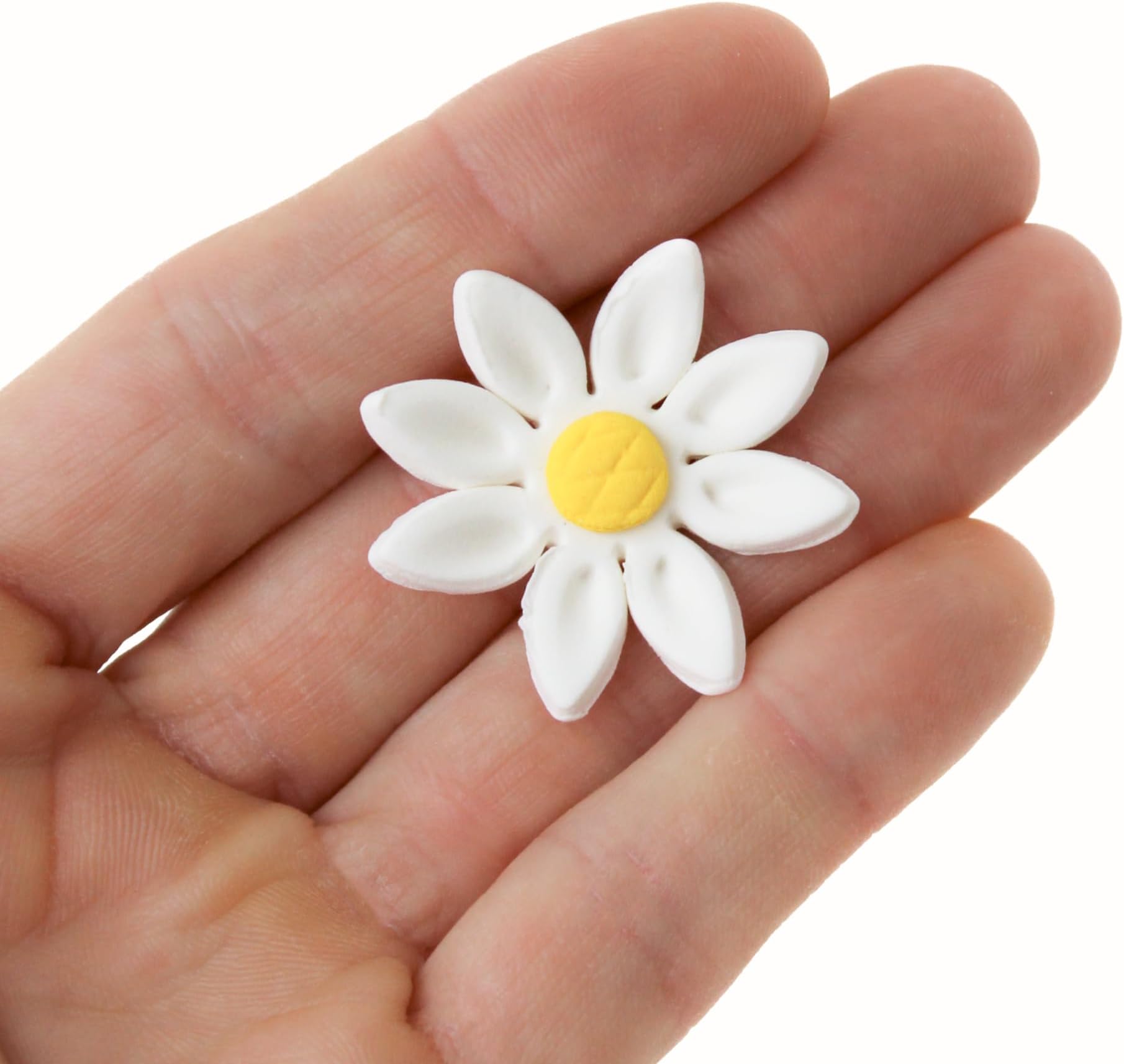18 Count Edible Daisy Cake Decorations, Small Edible Flowers, White & Yellow Sugar Flowers, Daisy Cupcake Toppers for Cakes & Cupcakes, Edible Cake Decorations, Global Sugar Art (1 Inch)