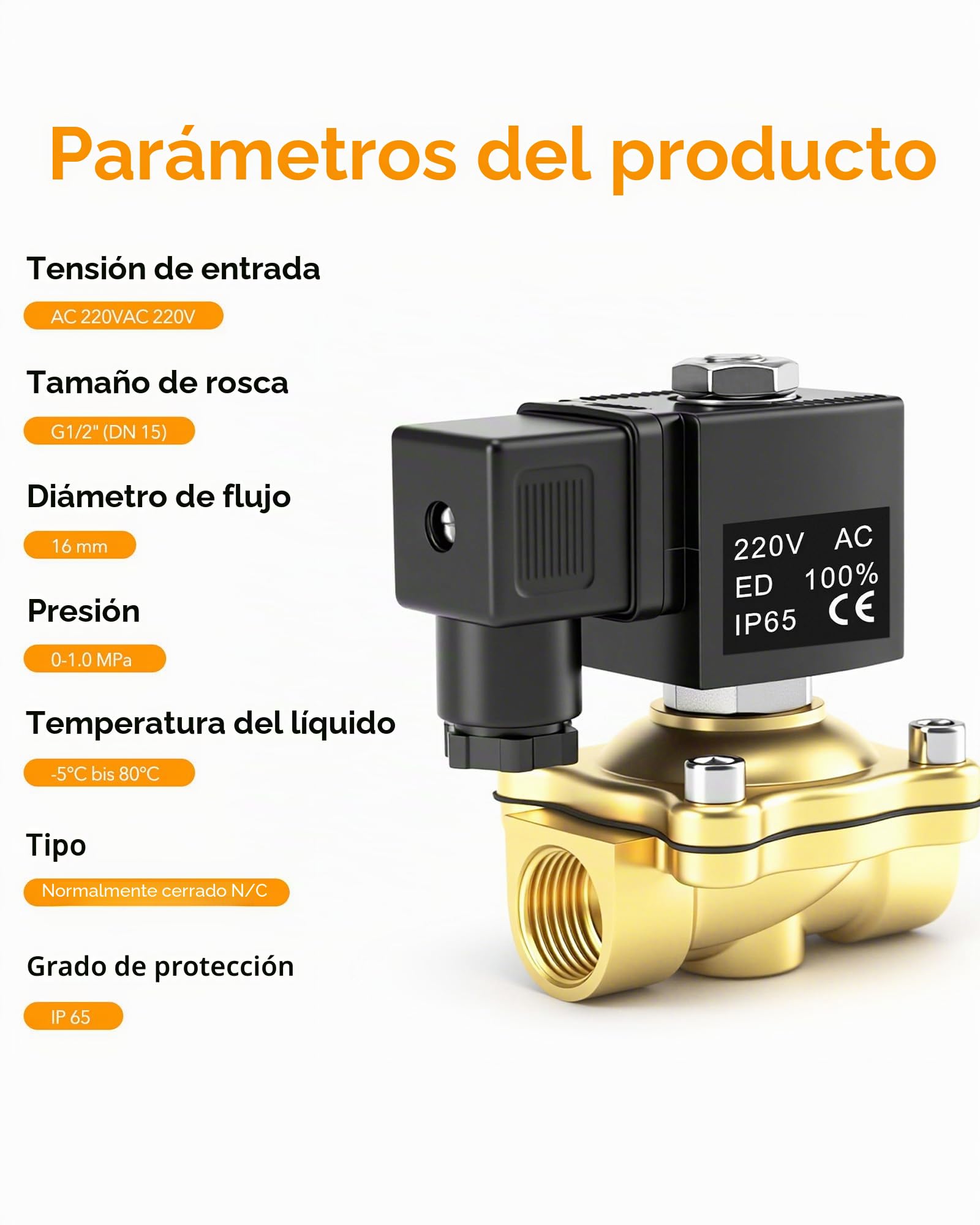 Electroválvula de Latón: 1/2" Válvula Electromagnética Válvula Solenoide Eléctrica Latón Normalmente Cerrado Solenoid para Agua Aire y Aceite