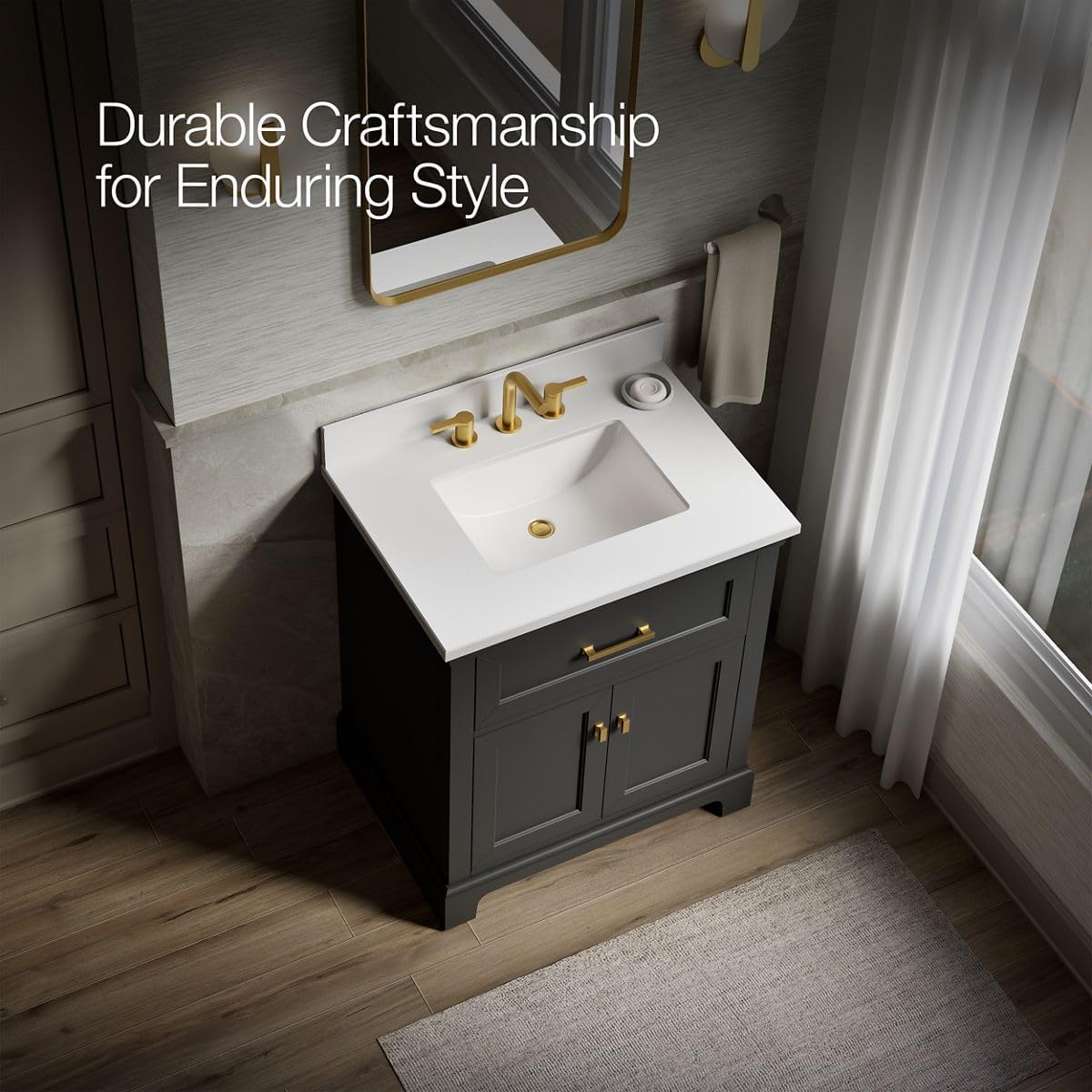 Kohler Charlemont 30" Bathroom Vanity Cabinet with White Sink and Quartz Top, Modern Bathroom Storage, Dark Warm Grey, K-29260-BD1-DWG