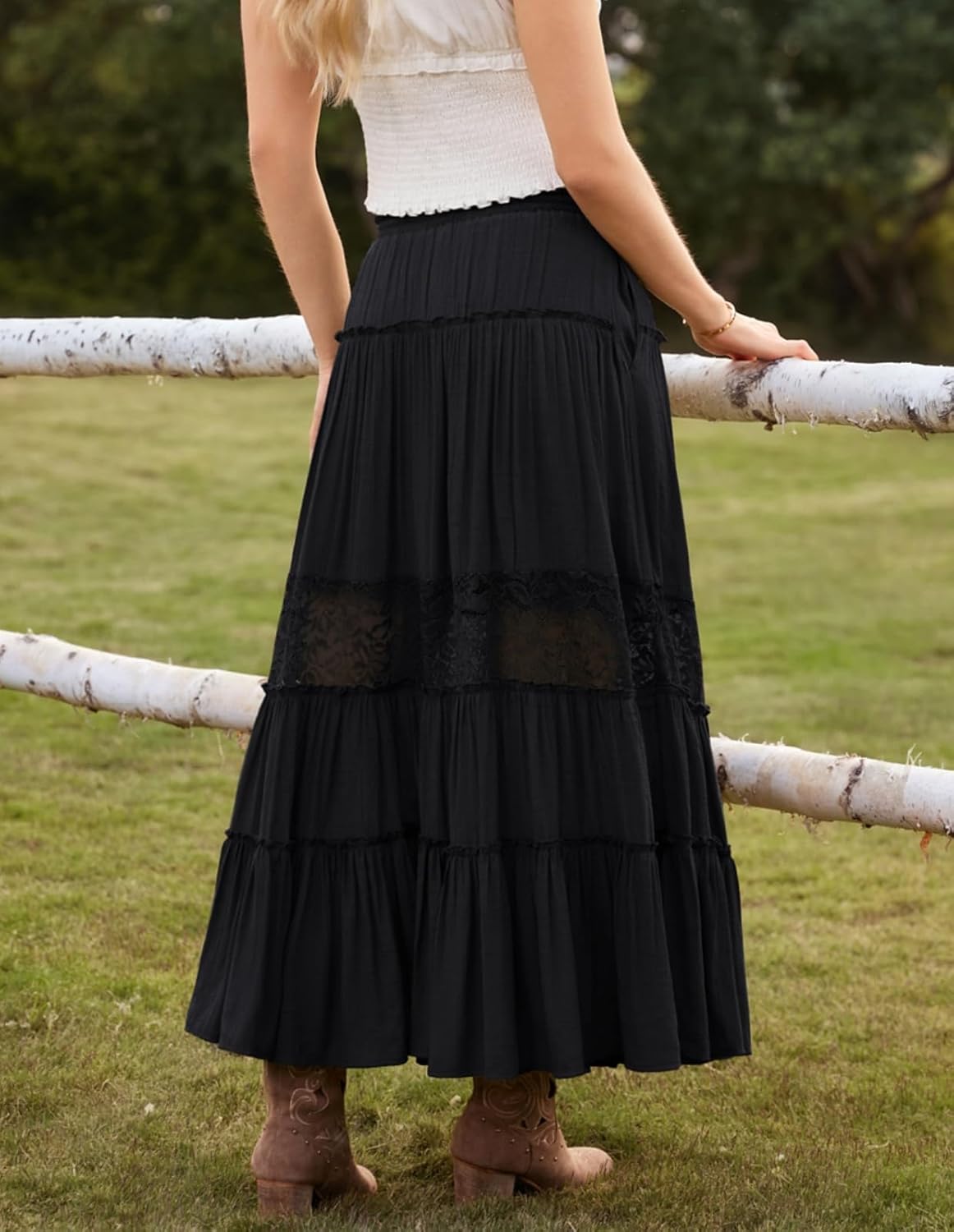 Scarlet Darkness Women's Boho Maxi Skirts Flowy Lace Tiered Long Renaissance Skirt with Pockets