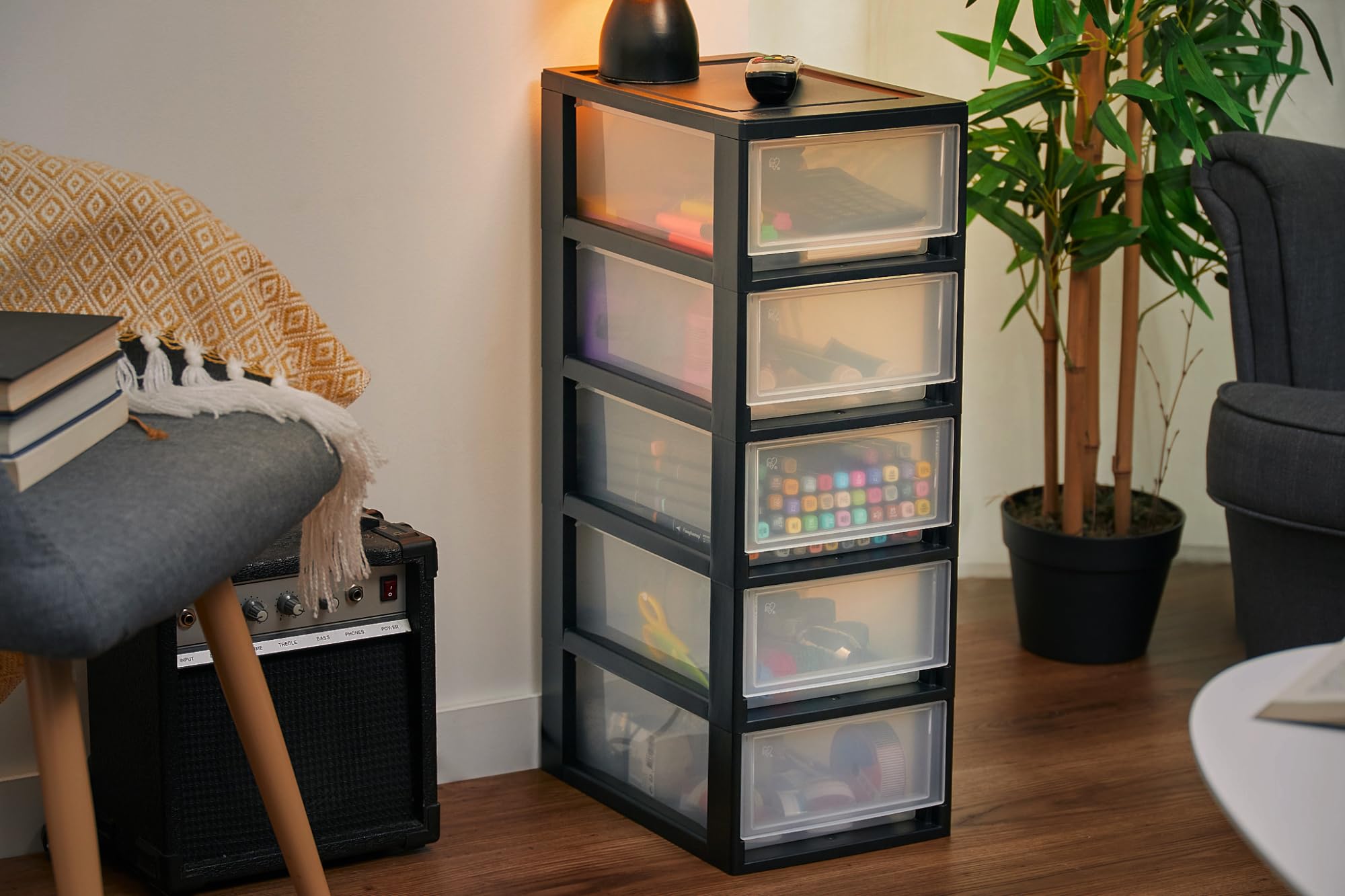 Iris Ohyama, Tour de rangement plastique noir, 5 petit tiroirs de rangement bureau, fournitures, accessoires, pour Salle de Bain, MSD-1