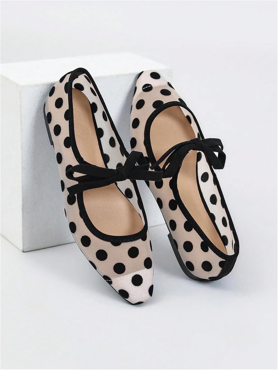 MakeMeChic Women's Mesh Polka Dots Ballet Flats Bowknot Closed Toe Slip on Flat Shoes