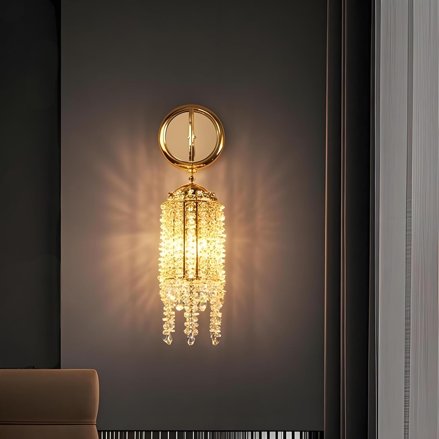 Kasiquilight Gold Framed Crystal Grape Shaped Wall Sconces,E12 Base Socket Luxurious Decorative Crystal Wall Sconces Set of Two,White Pendant Crystalline String,Hung in Bathroom Bedroom(4" Wx17 L)