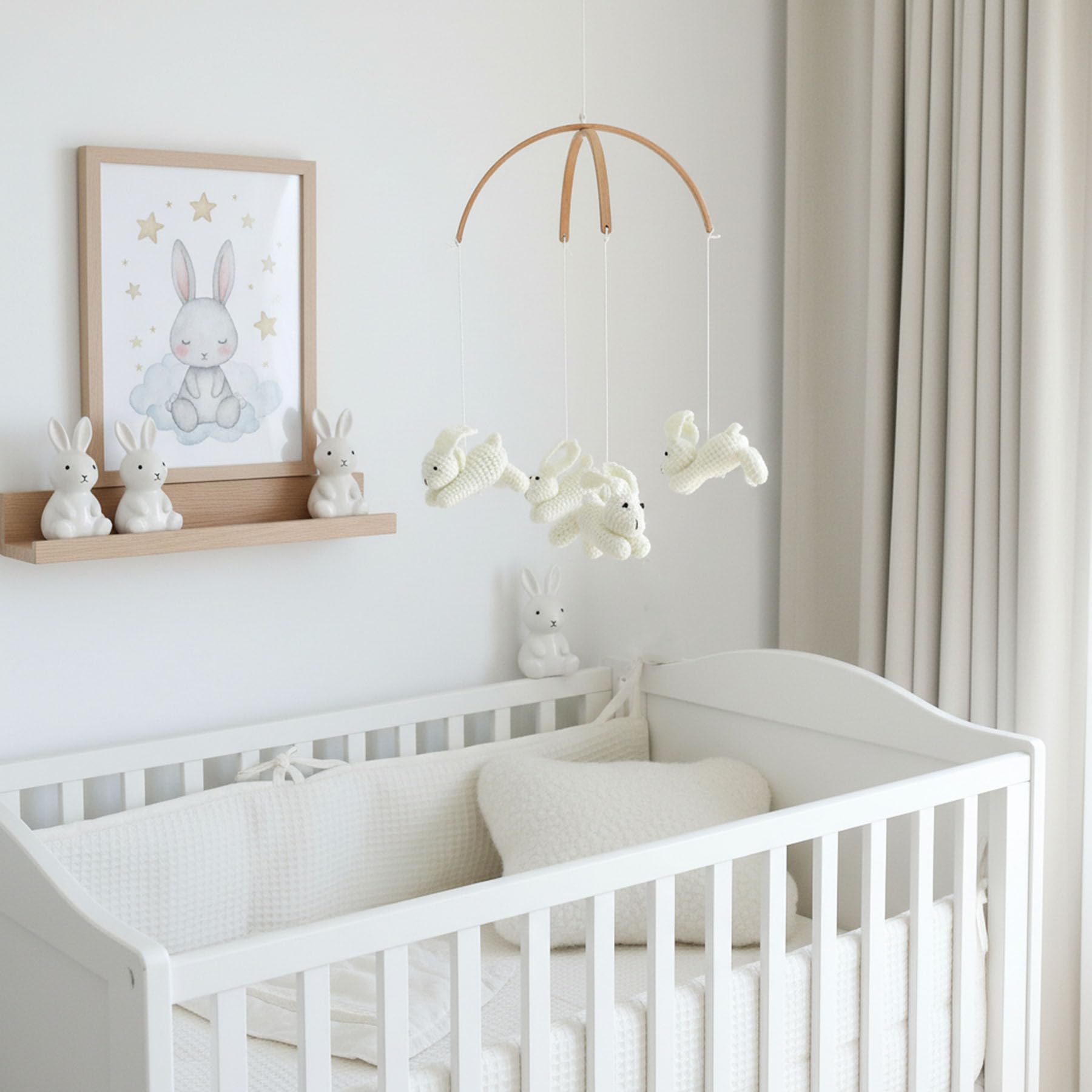 Móvil bohemio para cuna de bebé para niños y niñas, decoración neutra para guardería con conejitos y conejos hechos a mano, móvil colgante de madera para moisés, decoración de dormitorio con temática