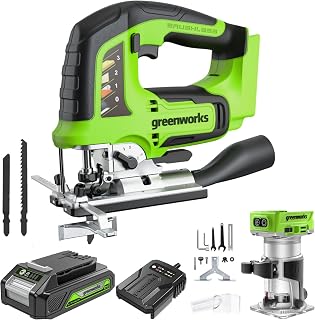 Greenworks 24V Cordless Jig Saw and Cordless Router, 26mm Lifting Height, Brushless with 2Ah Battery and Charger
