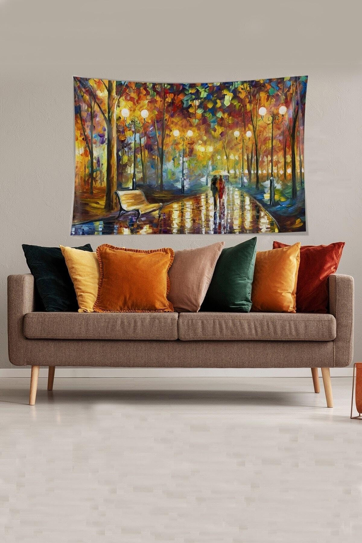 Pelangi Bej Yağmurda Yürüyen Çift Desenli Leke Tutmaz Kadife Kumaş Duvar Örtüsü Duvar Halısı Tapestry YWLL462, 70 x 100