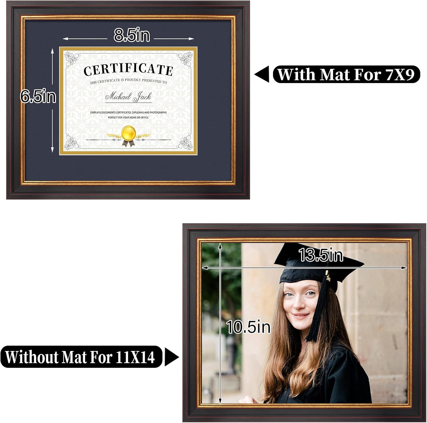Frametory, 7x9 Diploma Frame with (Navy Blue/Gold) Double Mat or 11x14 Without Mat, Black Gold & Burgundy, Sawtooth Hangers, Wall Display for Pictures/Certificates/Documents, Real Glass