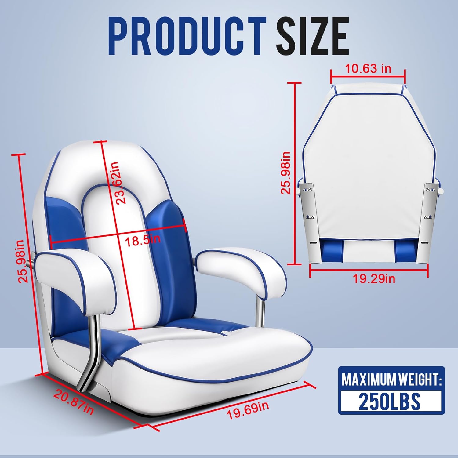 Boat Seat, Premium Captain's Fishing Chair, High Back with Armrests Seat Waterproof and Sunproof (White + Blue)
