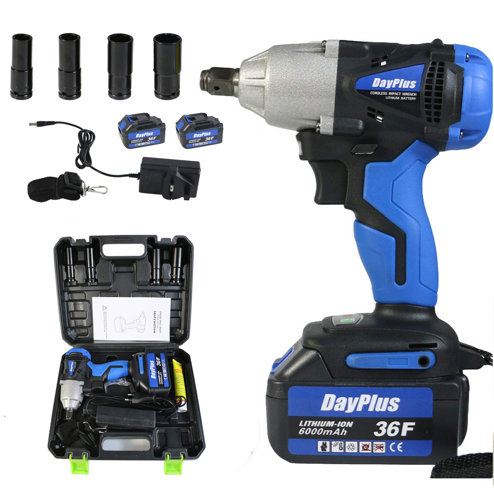 Dicn Brushless Cordless Impact Wrench Electric With 1/2Inch Drive Two Lith-Ion Batteries 6.0Ah 420Nm High Torque 3200 Rpm Max Speed Forward & Reverse + 4 Sockets (14/17/19/22Mm) + Carry Case + Charger