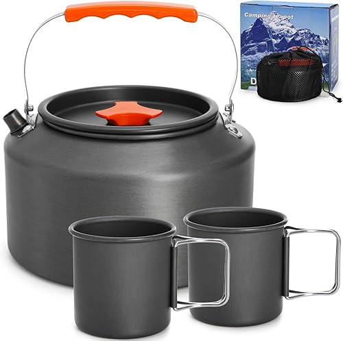 Hervidor de camping de 3 piezas, caldera de agua portátil de 2.5 L con bolsa de almacenamiento y 2 tazas, juego de tetera de café para fuego