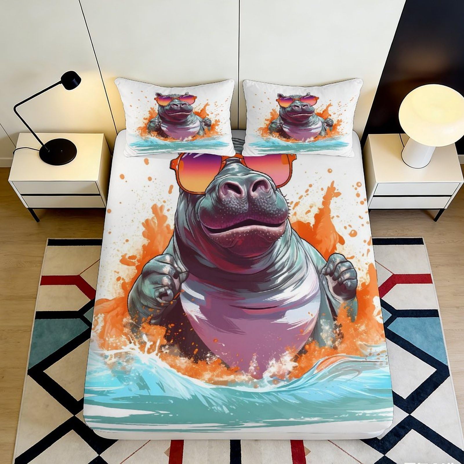 3D Printed Hippo Sunglasses Fitted Sheet Microfiber Soft Water Splash Bed Cover for Bedroom Dorm Mattress Decor 90x200x25cm