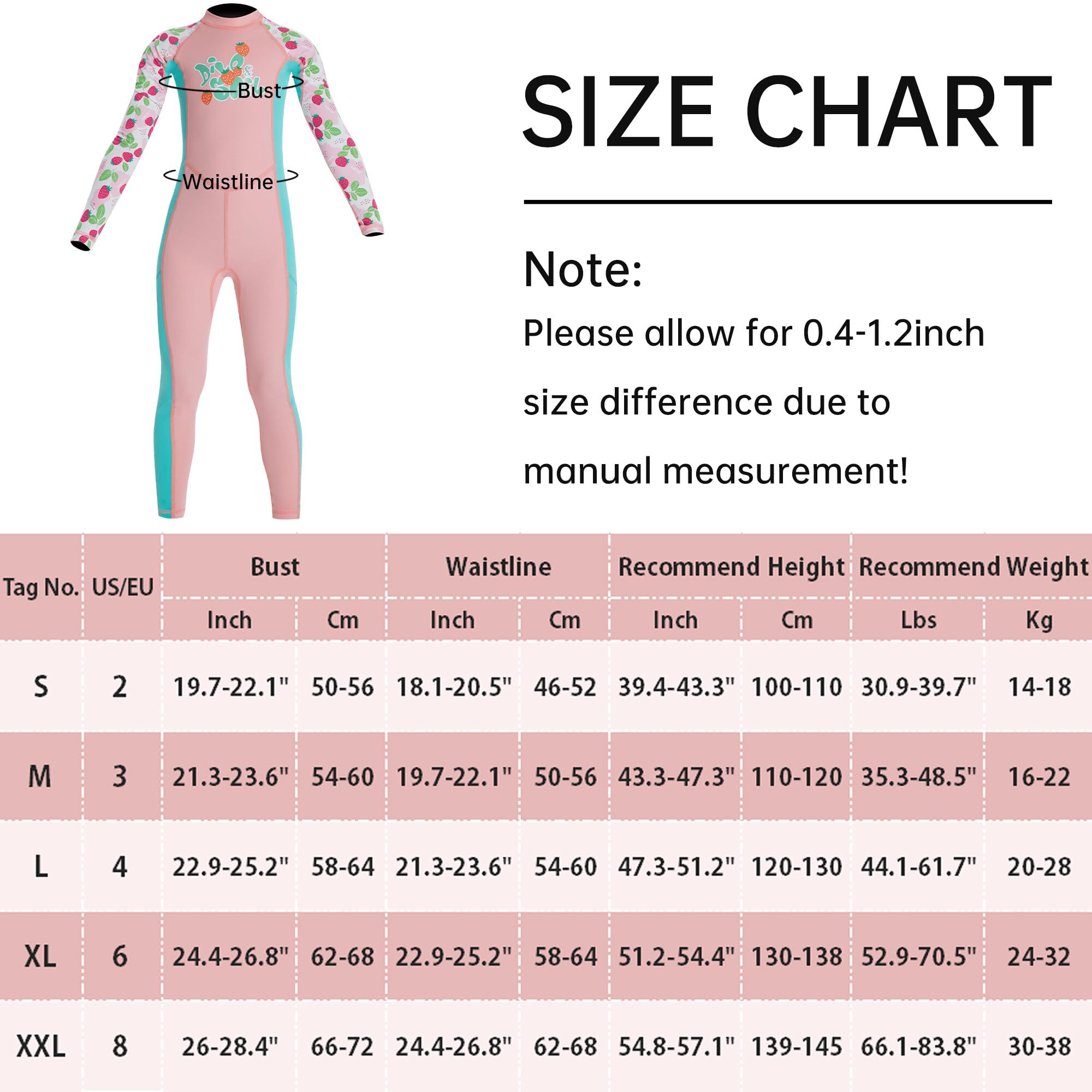 SEAUR Kids Girls Wetsuit Full Body Swimsuit UV Protection Long Sleeve One Piece Swimsuits Diving Surfing Rash Guard Pink M