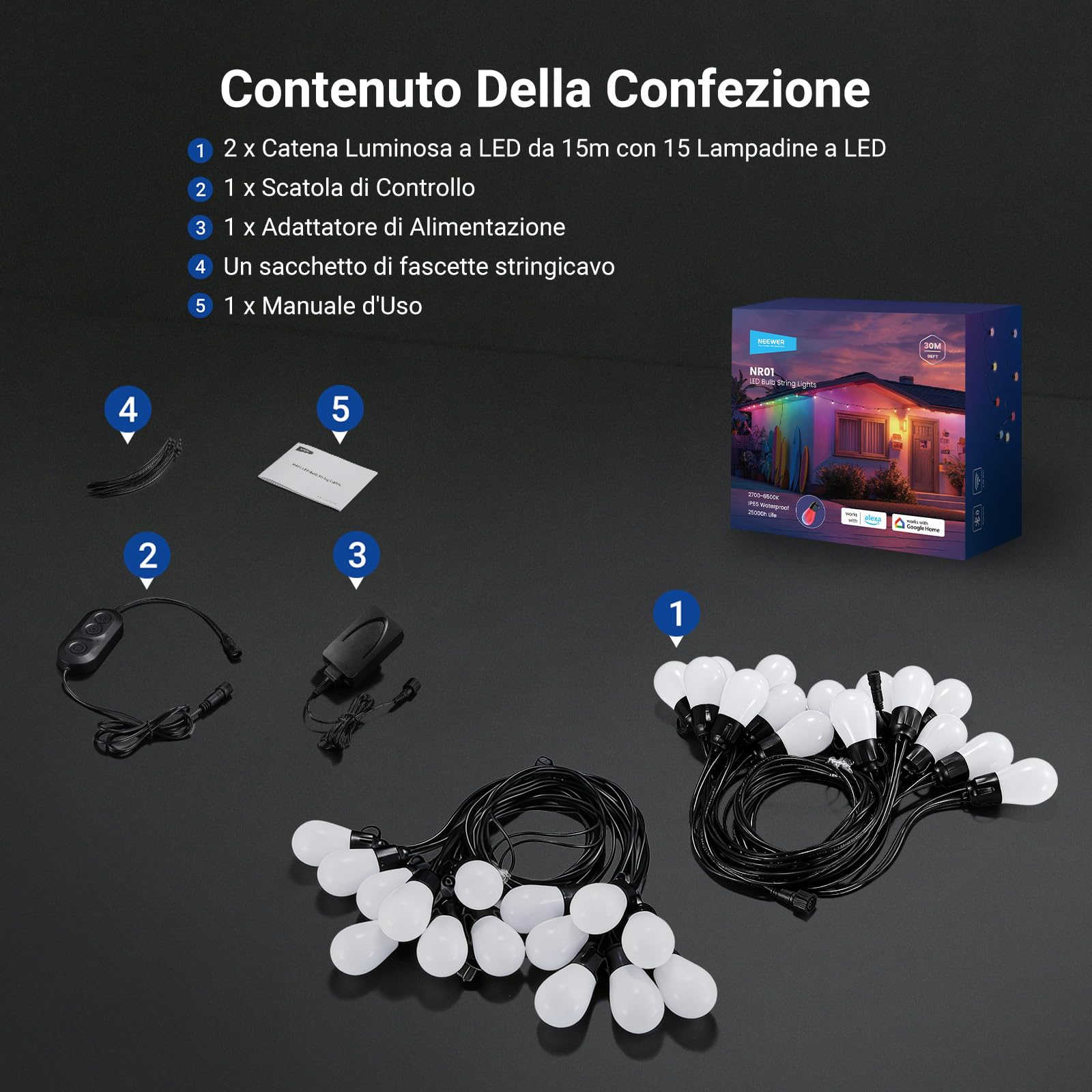 NEEWER Catena Luminosa per Esterni 30m, Controllo App Smart AI RGB IC W, Bianco Caldo IP65 Impermeabili Luci Giardino Patio Balcone, 30 Lampadine LED/50+ Scene, Compatibile con Alexa Google, NR01