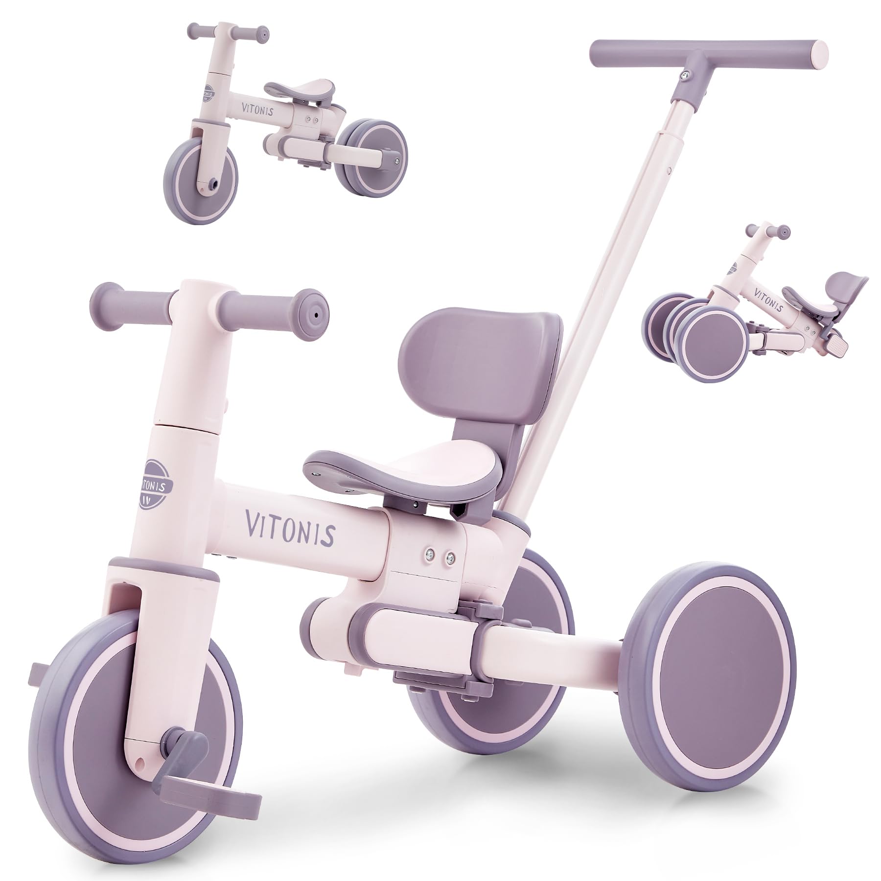 Bicicleta sin Pedales a Partir de 1 año, Triciclo 5 en 1 con Barra de Empuje para niños, Bicicleta sin Pedales para niños pequeños, Regalo para niños y niñas， Morado