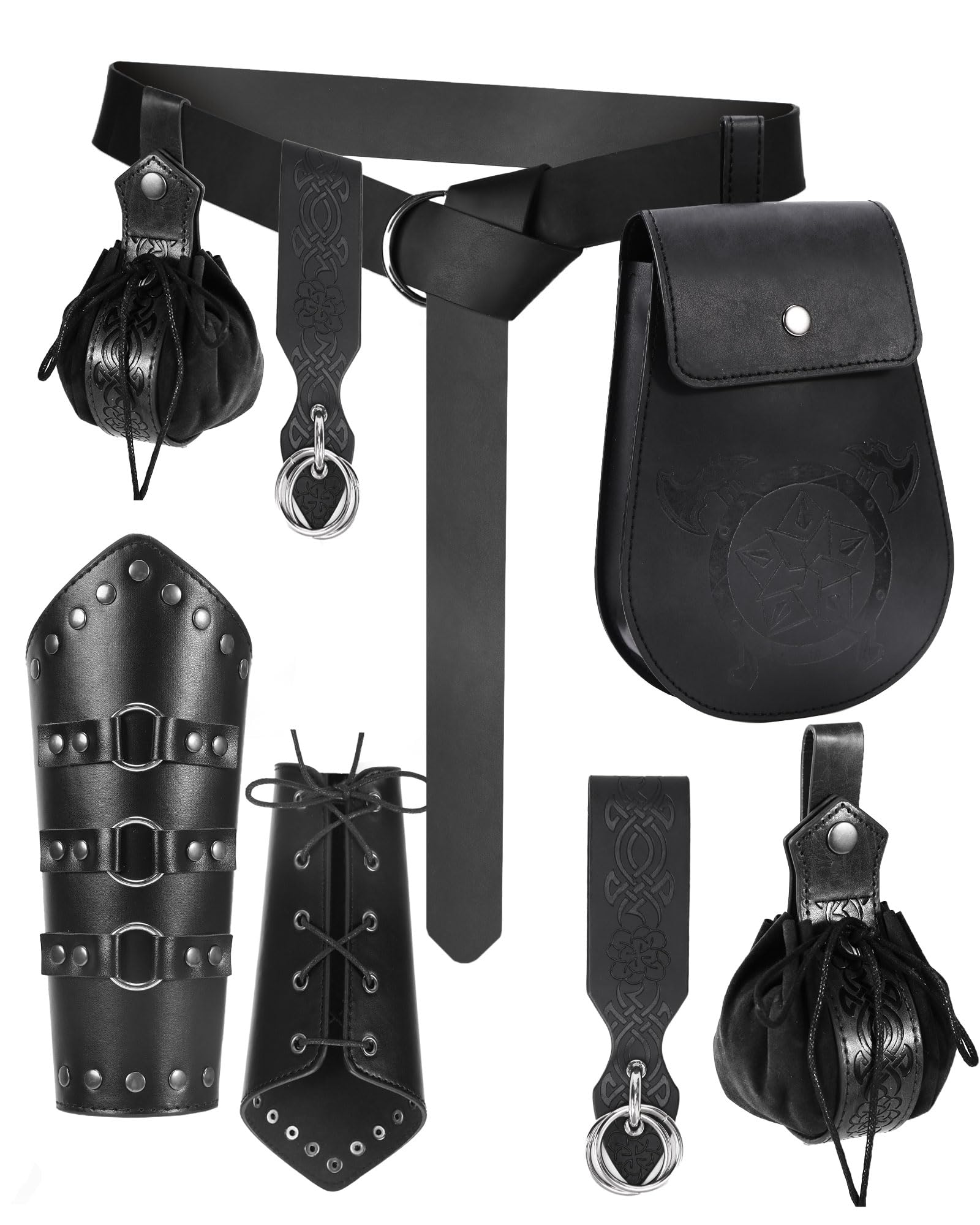 5PCS Renaissance Accessories Medieval Belt Leather Bracers Belt Pouch Keychain Renaissance Costume Set for Halloween