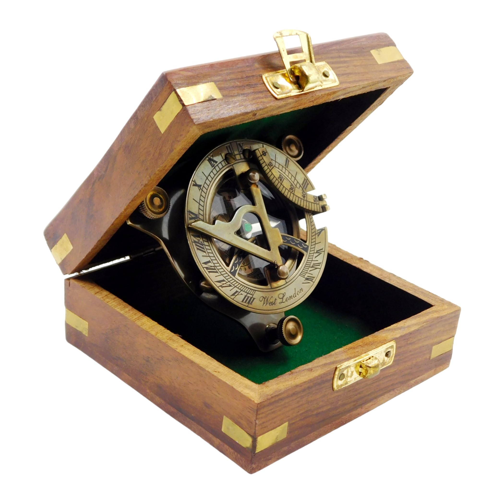 Reloj de sol de latón con brújula náutica vintage réplica de reloj de sol con caja de palisandro