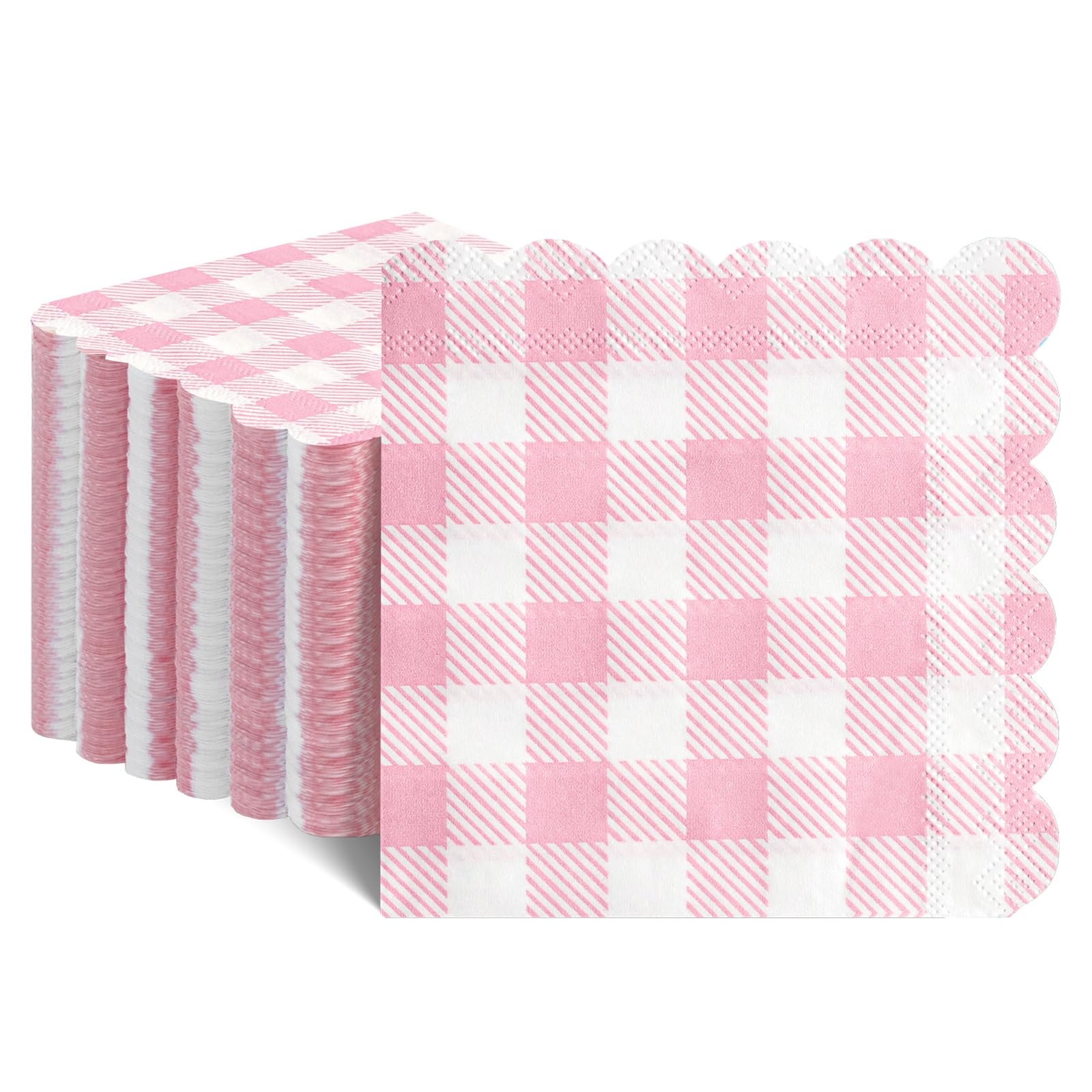 120 Pcs Pink Gingham Napkins, Pink Baby Shower Napkins Scalloped Cocktail Napkins Disposable Pink Checkered Napkin Plaid Napkins for Valentines, Baby Shower, Tea Party, Picnic, 5 x 5 Inches