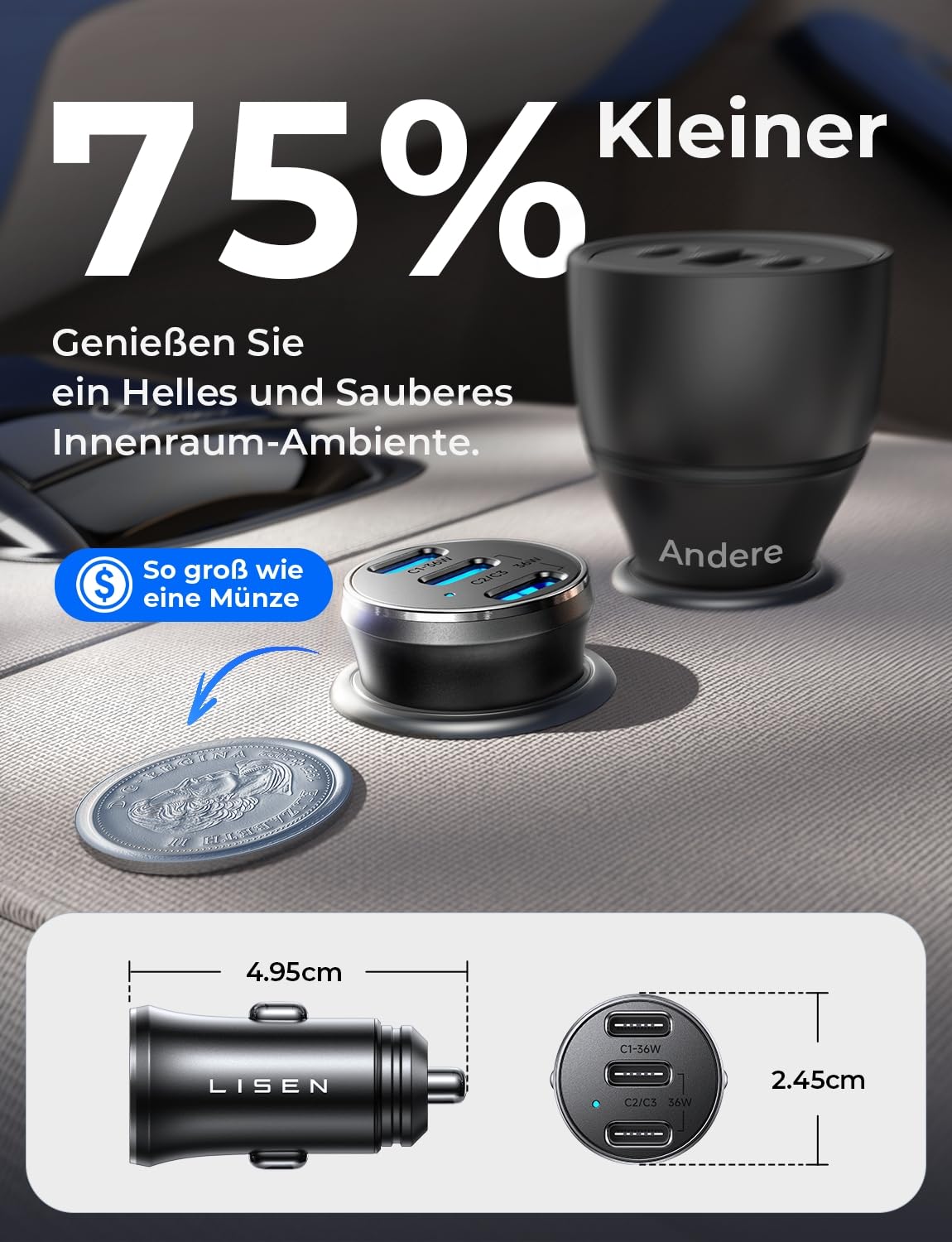 LISEN 108W Zigarettenanzünder USB C, [PD3.0 Superschnelles Laden] 3-Port Autoladegerät Zigarettenanzünder, KFZ Ladegerät USB C, Car Charger für iPhone 17 16 15 Pro Max iPad Galaxy S25