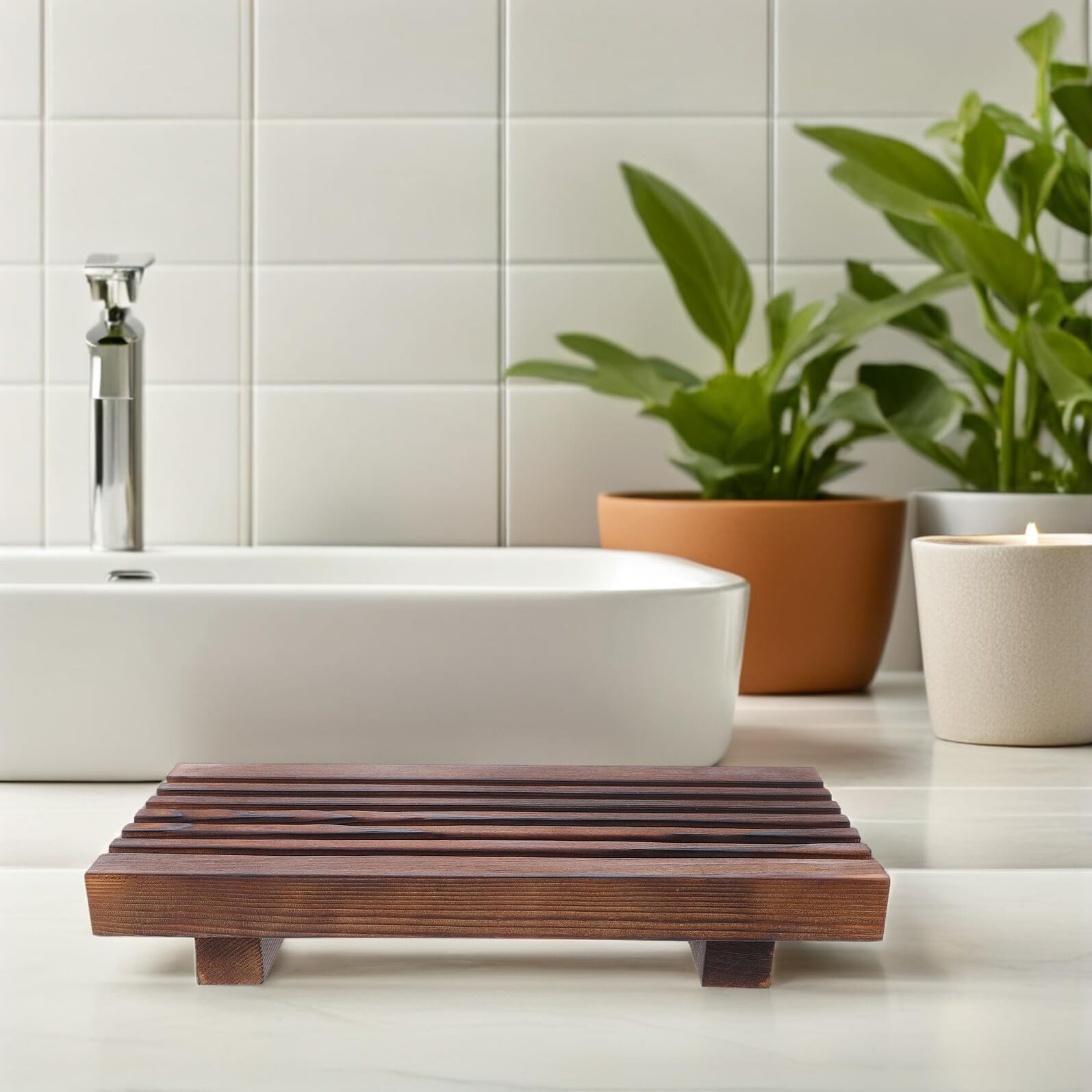 TOYANDONA Vassoio da Bagno in Legno Rustico Stile Country per Decorazione Lavabo, Organizer Compatto Base a Piedistallo per Sapone e Accessori da Appoggio