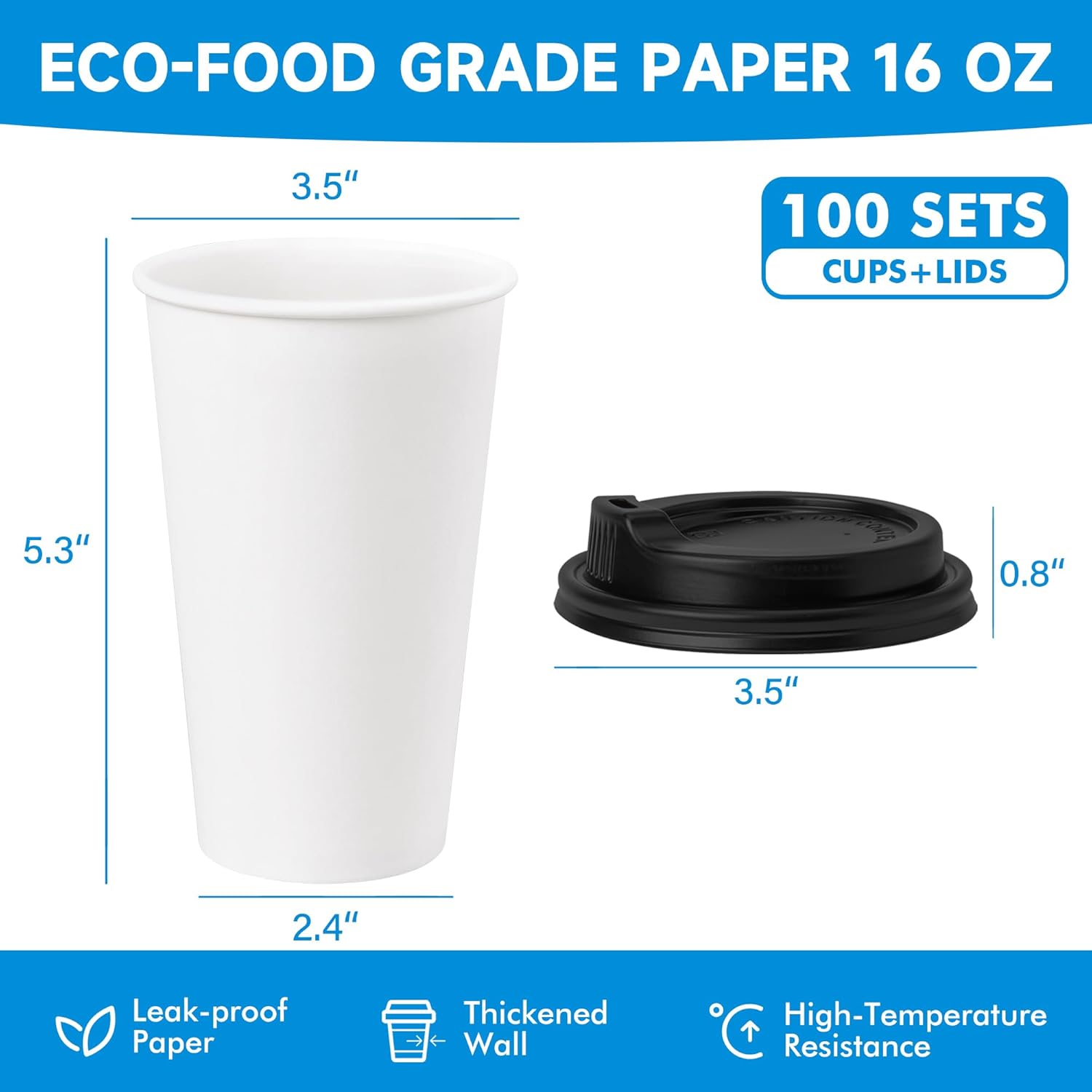 RACETOP Coffee Cups with Lids 16 oz 100 Pack, Disposable Paper Cups with Lids, To Go Hot Cups for Home/Office - Image 2