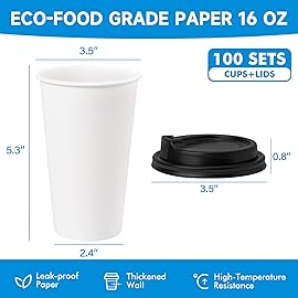 RACETOP Coffee Cups with Lids 16 oz 100 Pack, Disposable Paper Cups with Lids, To Go Hot Cups for Home/Office