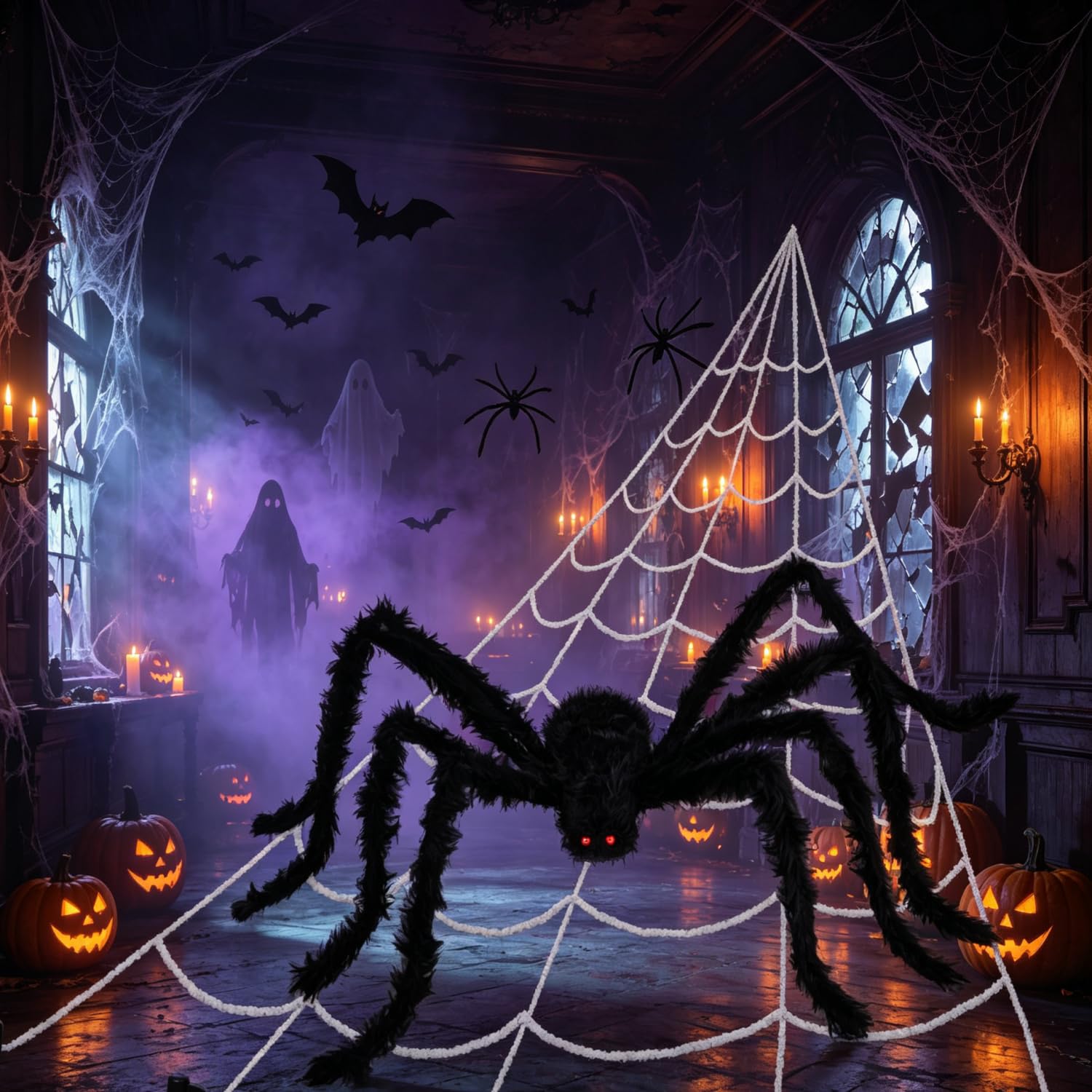 Dekoracje na Halloween, pajęczyna, gigantyczna trójkątna pajęczyna i straszne rekwizyty pająka na Halloween, do wewnątrz, na zewnątrz, werandę, podwórko, straszny nawiedzony dom, impreza halloweenowa