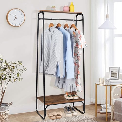 Miniatura 3 de Karl home Perchero para ropa, perchero independiente con estante de madera, barra colgante para dormitorio, baño, lavandería, sala de estar,