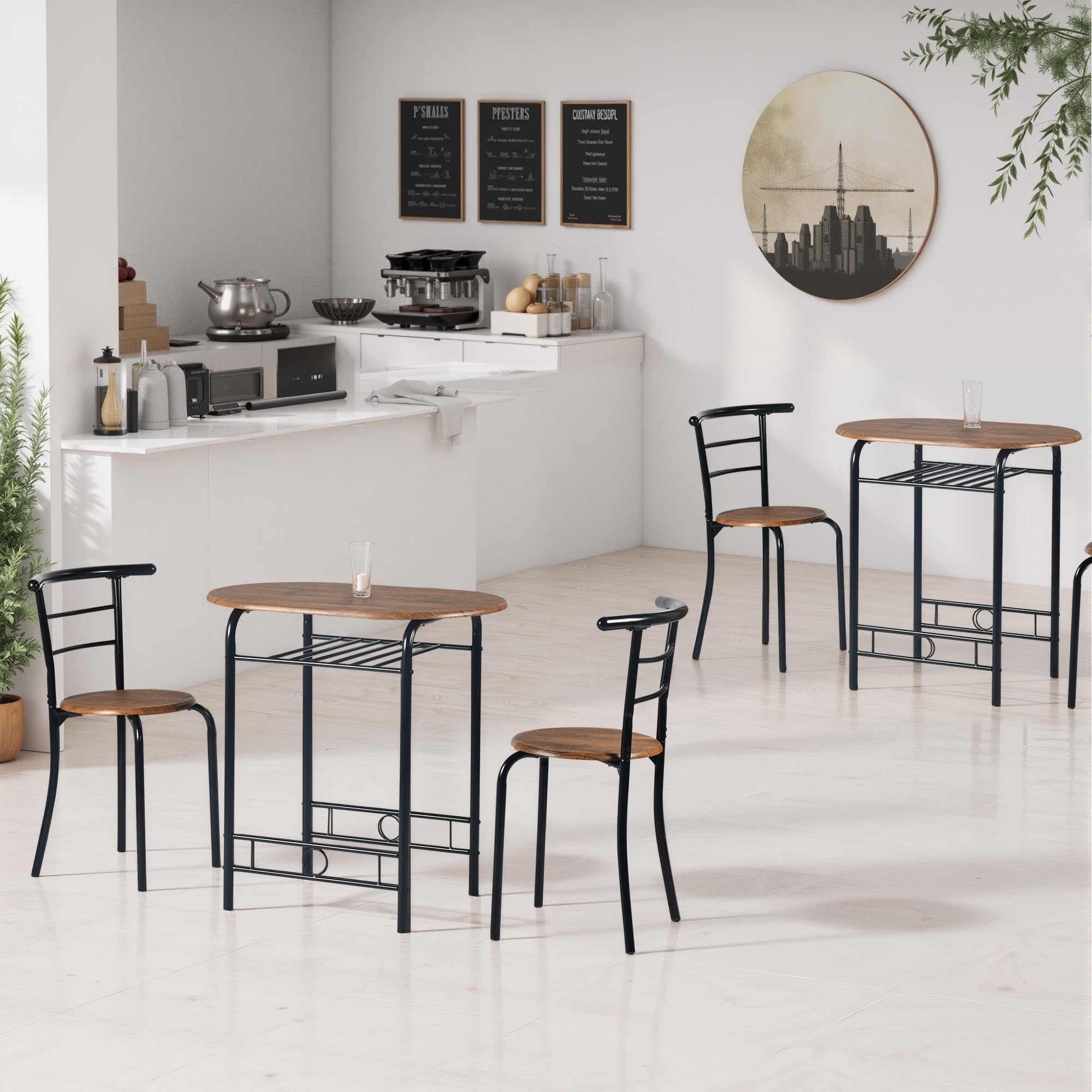 FurnitureR Tavolo rotondo con sedie per 2 persone, tavolo da cucina retrò industriale chic con portabottiglie, mobili da soggiorno per bistrò, giardino, balcone, piccolo spazio, telaio in metallo