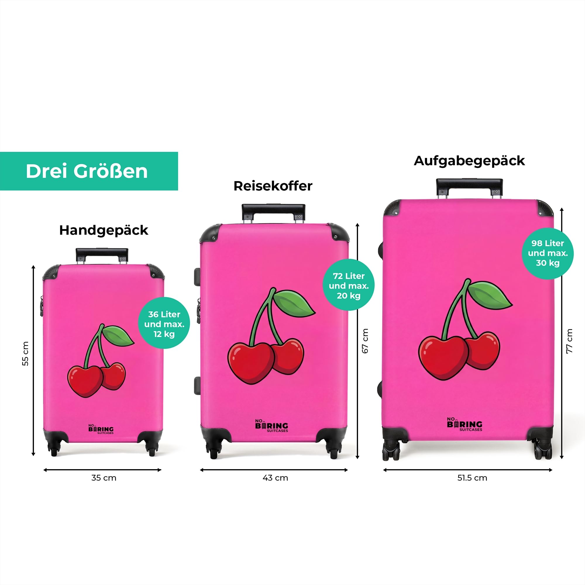 NoBoringSuitcases.com® Koffer Mittelgroß 67x43x25 cm Hartschalenkoffer L Trolley Rollkoffer 4 Rollen Leicht Hartschale Mittel Groß Kirsche - Rosa - Obst