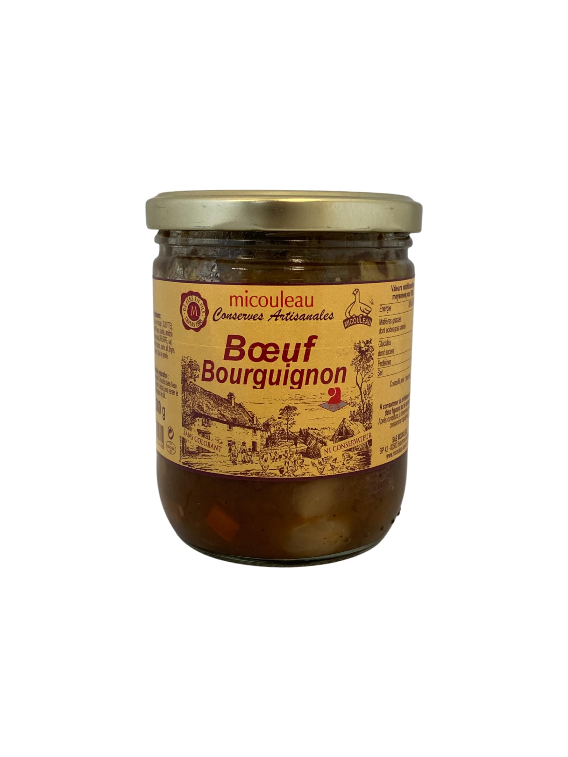 2 Bocaux de Boeuf Bourguignon, Plat Traditionnel Français, 380g, Viande de Bœuf 50%, Mijoté au Vin Rouge, Avec Champignons et Légumes, Cuisine Bourguignonne, Micouleau