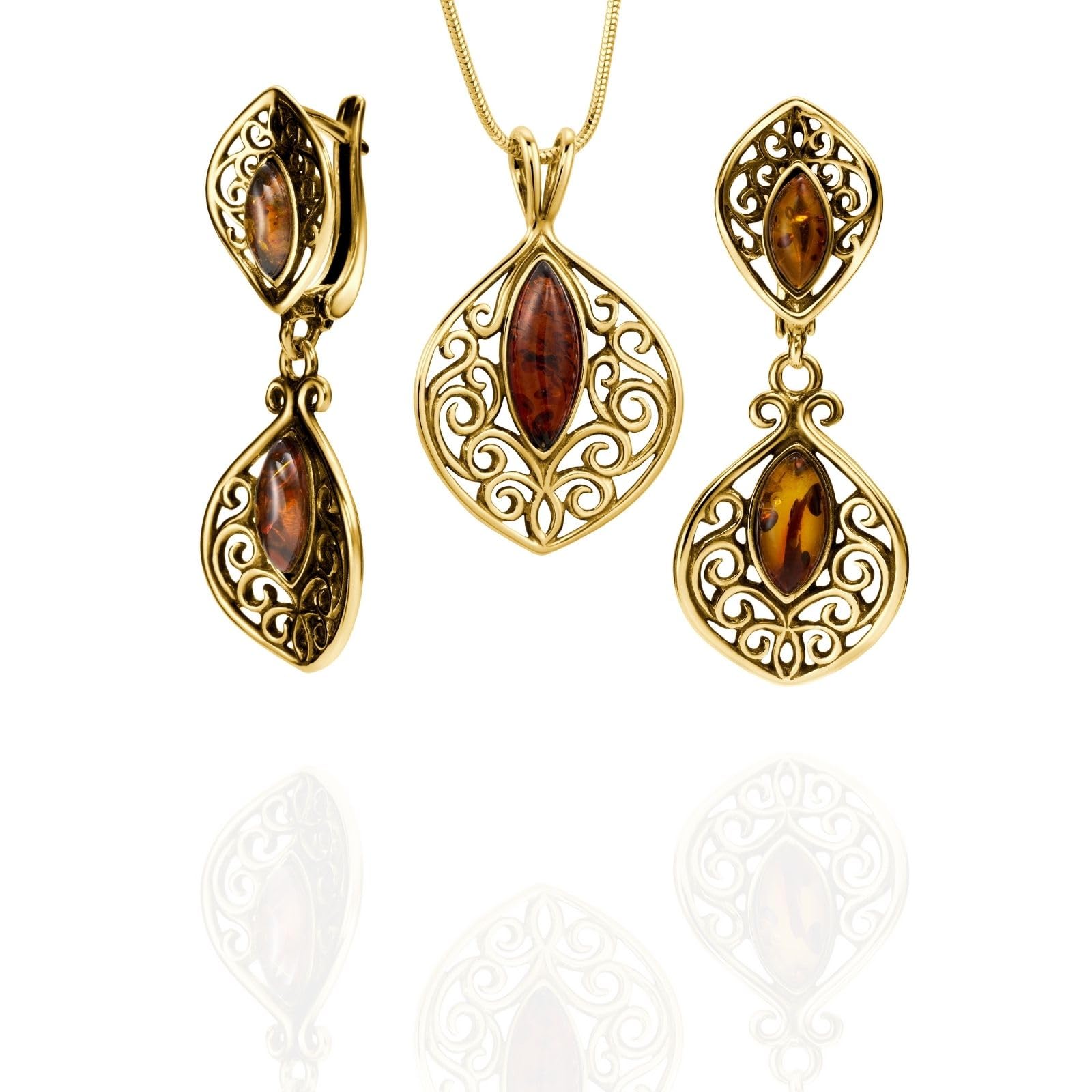 Conjunto De Joyas De Mujer En Plata Dorada Con Ámbar Y Collar Ajustable Estilo Vintage
