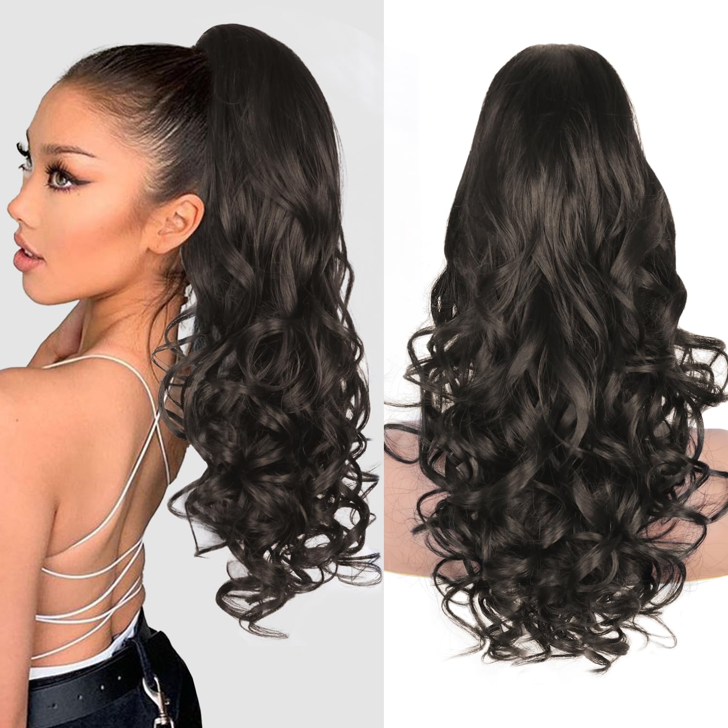 Dark Brown Ponytail Extension, 24 Inch Layered Pony Tail Hair Pieces for Women Soft Curly Clip in Ponytail Hair Extensions
