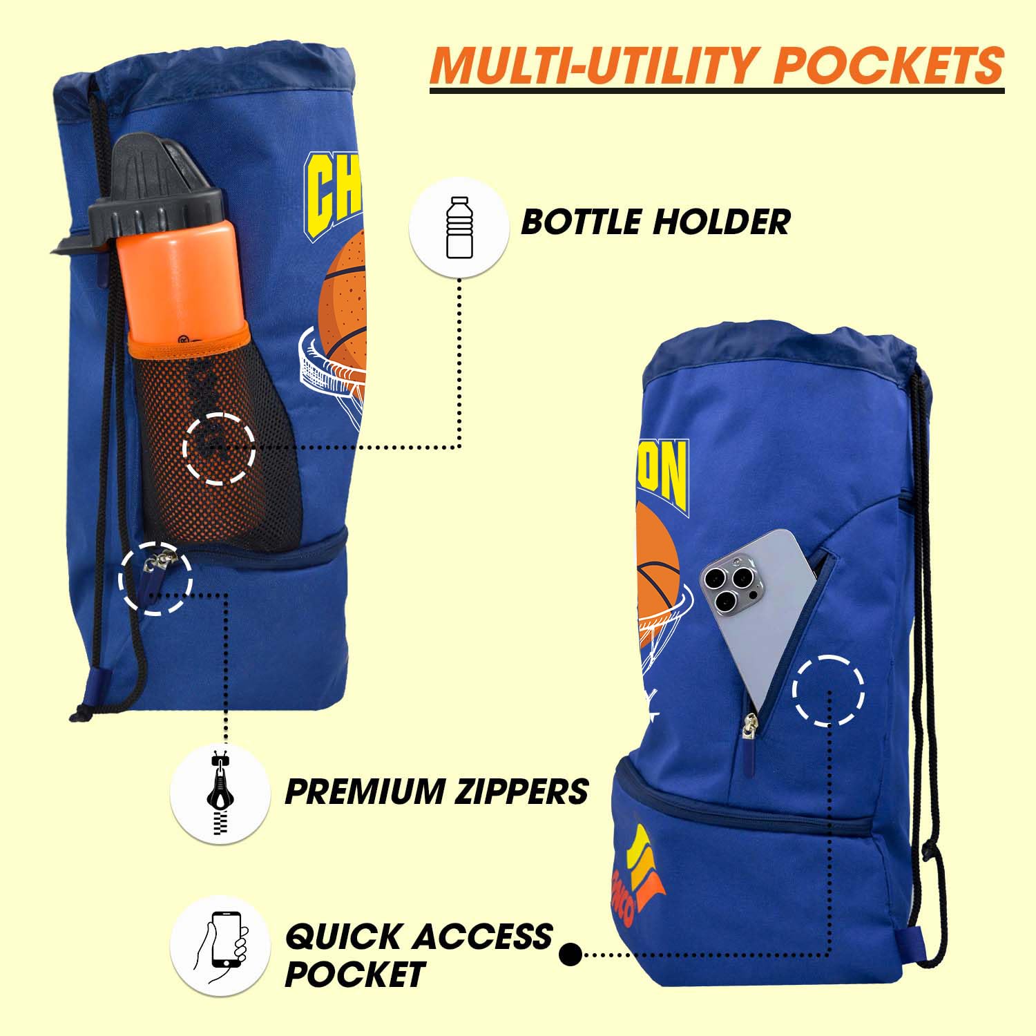 Synco Champion Ball Carry Bag | Sports Equipment Drawstring Bag for Carrying Basketballs | Separate Shoes Compartment & Bottle Holder Pocket | Backpack (Blue) 2
