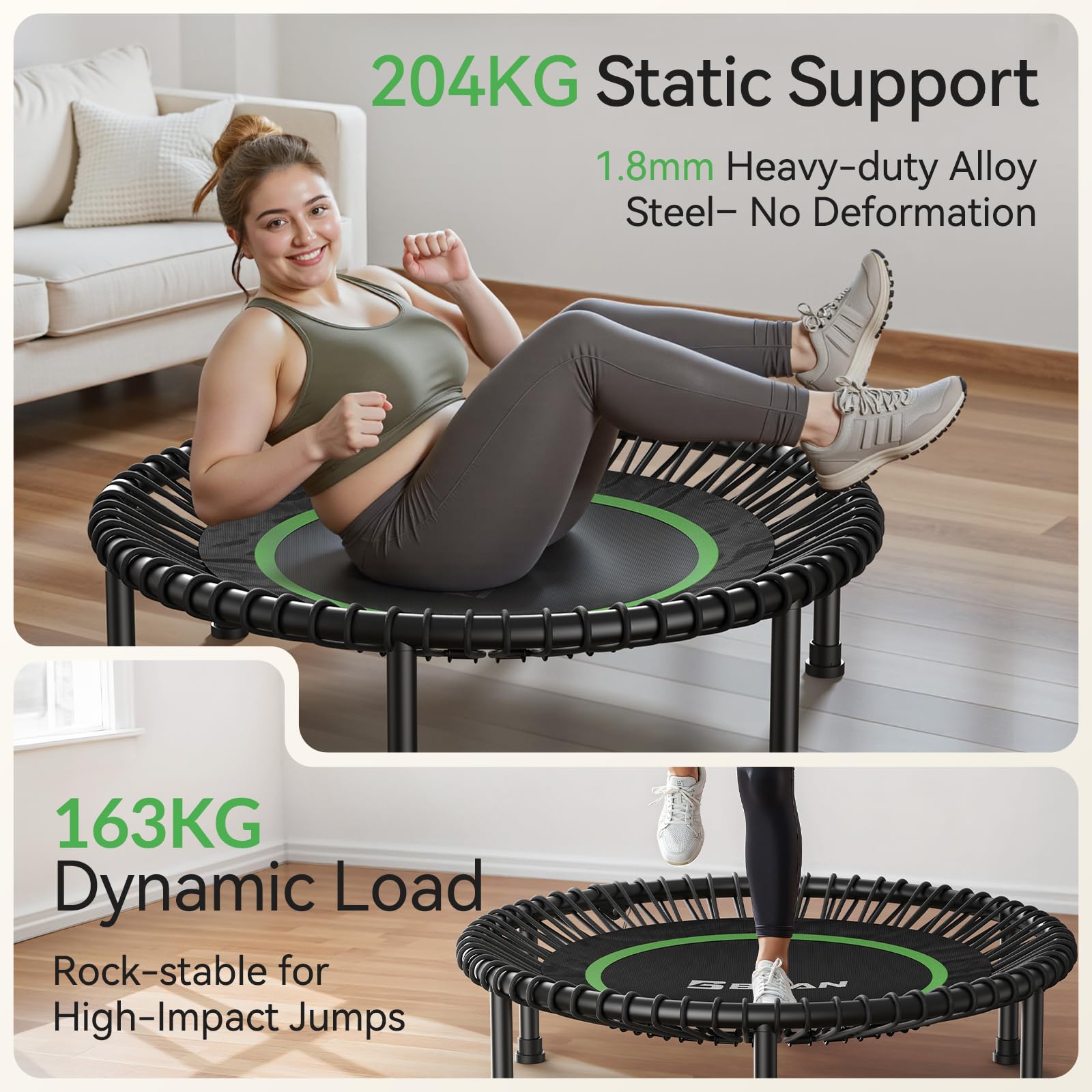 BCAN Cama elástica Plegable 204/250kg 102/120 cm Cuerdas de Goma Resistentes Entrenamiento en Interiores